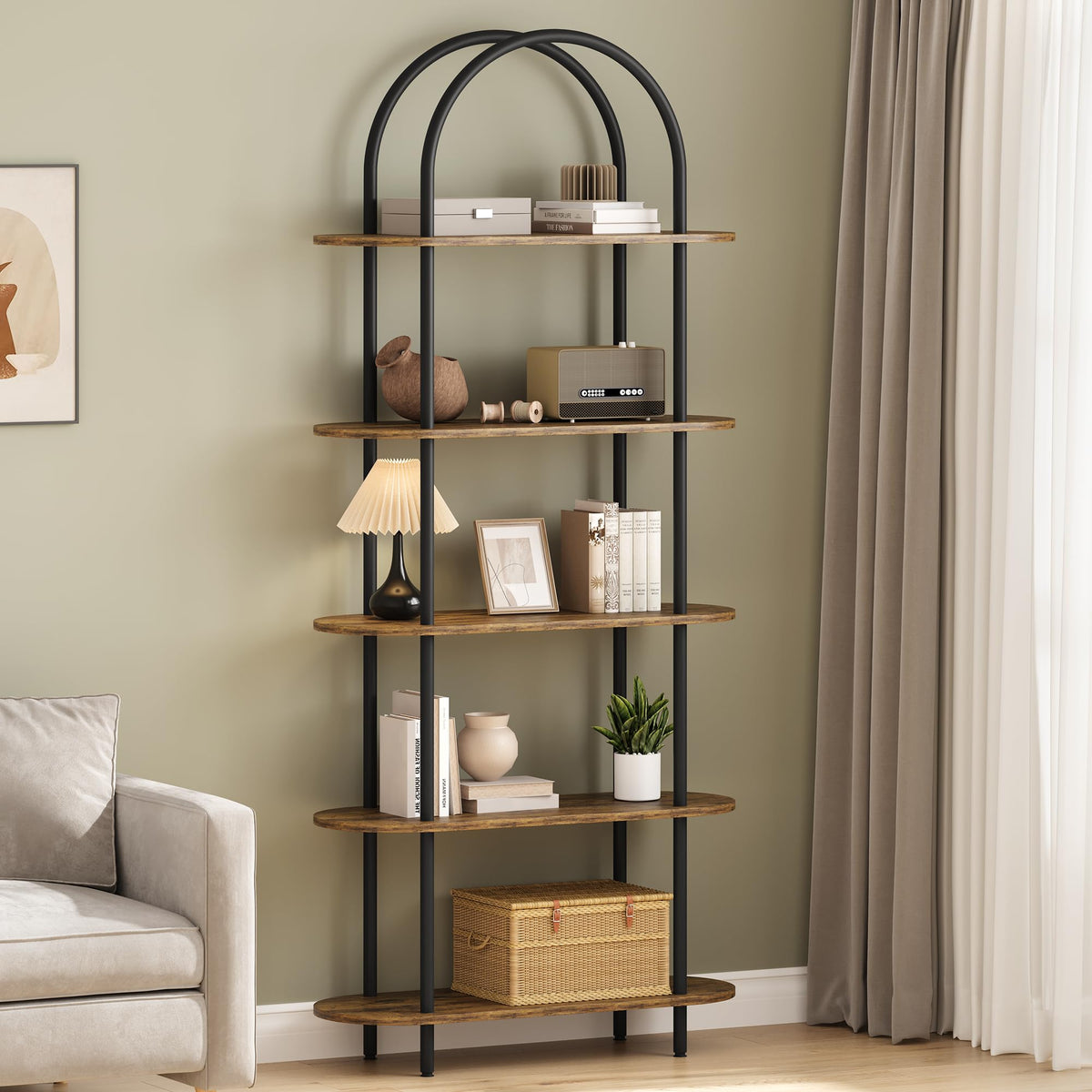 MilleLoom 71" Arched Bookshelf, 5 Tier Freestanding Open Bookcase with Sturdy Metal Frame, Modern Display Rack and Plant Shelf for Bedroom, Living Room, Home Office, Black and Retro
