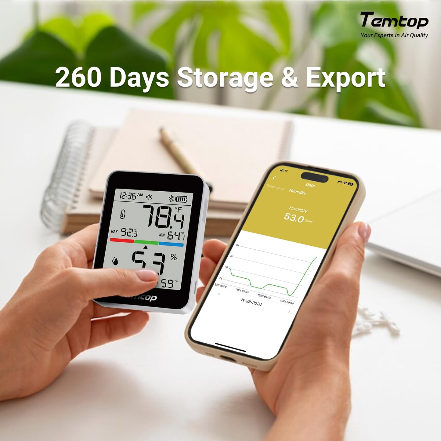Temtop Humidity Meter T1, Indoor Thermometer for Room Temperature, Bluetooth Hygrometer with Notification Alerts, Data Export, Digital Gauge for Home, Office, Greenhouse, Garage, Baby Nursery, Gift