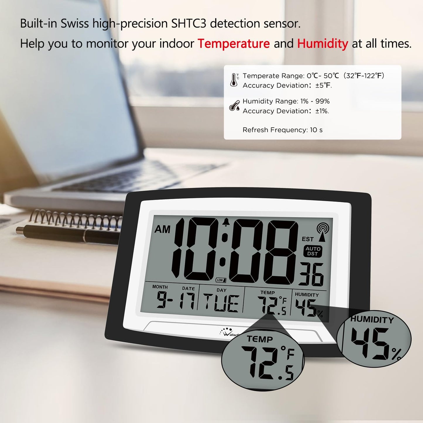 WallarGe Atomic Clock with Indoor Temperature and Humidity, 12.5 Inch Self-Setting Digital Wall Clock or Desk Clock, Battery Operated Digital Clock Large Display for Seniors, Auto DST