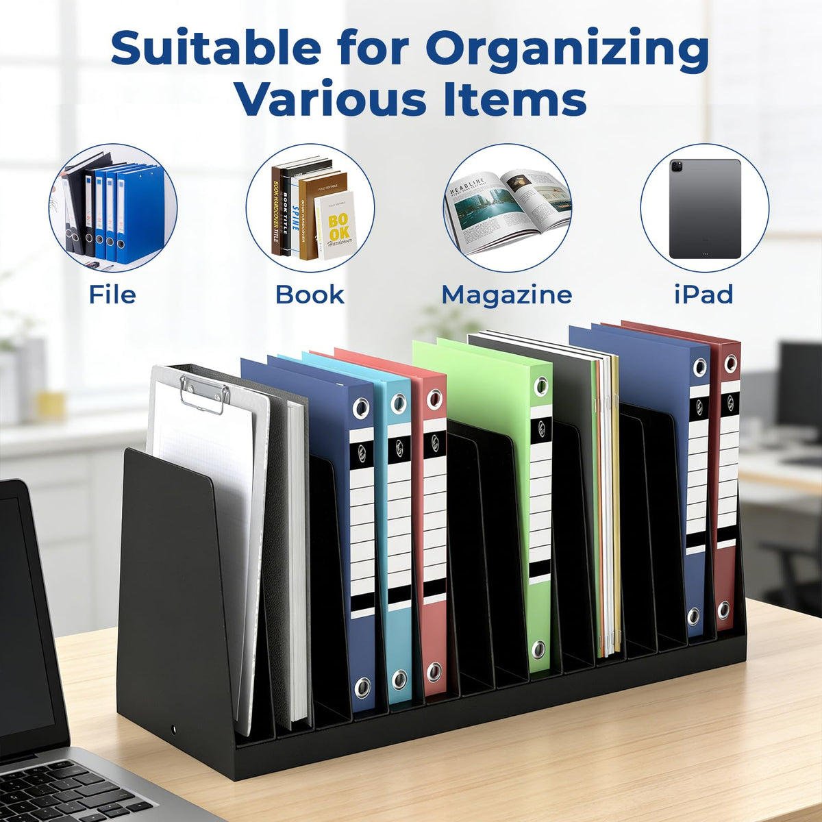 Inracity 2 Pack Vertical Metal Desk File Organizer, 15 Compartments Desktop Document Sorter & Mail Holder, Heavy-Duty Metal with Scratch & Chip-Resistant Finish for Office, Home, Classroom Use, Black