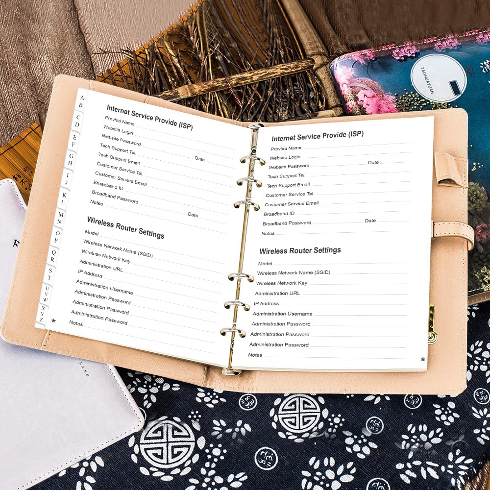 Password Book Refills for A5 Binder - A-Z Password Notebook Refill Paper with Alphabetical Tabs, 120gsm White Paper, 6-Hole Punehed, 5.8" x 8.3"