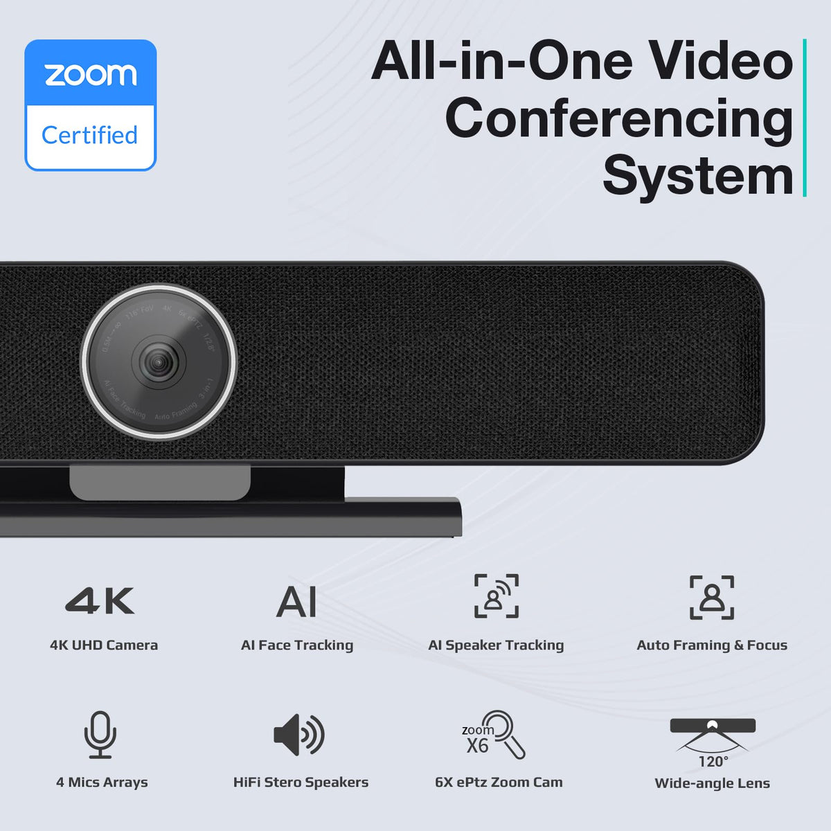 RayBit TB5 Video Conferencing System - Zoom Certificated, Ultra 4K Pro Audio and Video Conference Room Camera with 4 Microphone Arrays & Stereo Speakers, 120° Wide Angle Webcam for TV/Meeting Room