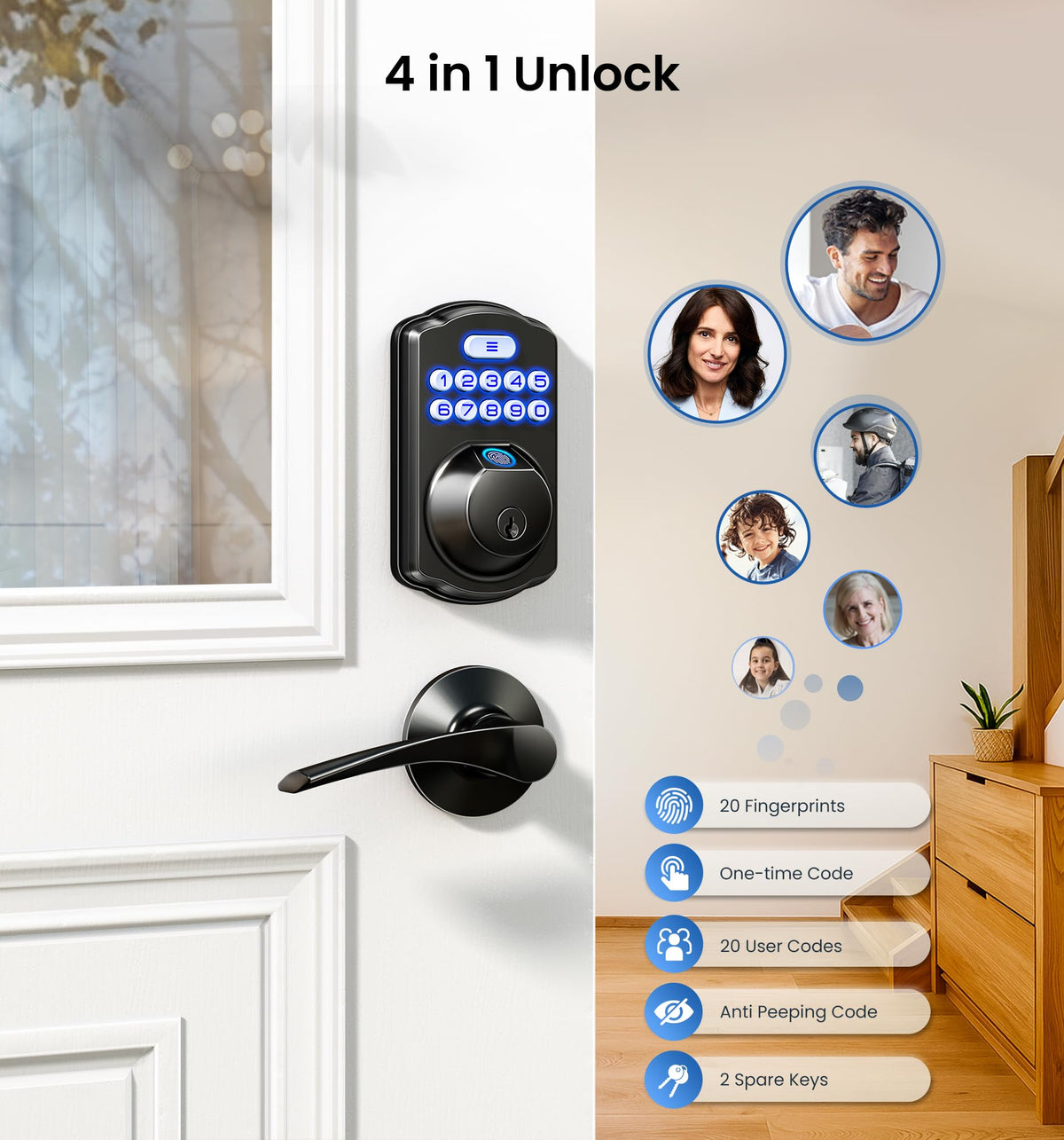 Veise KS02A Fingerprint Keyless Entry Door Lock, Auto Lock, Electronic Keypad Deadbolt for Front Door, Biometric, Anti-Peeping Password, Easy Install, Matte Black