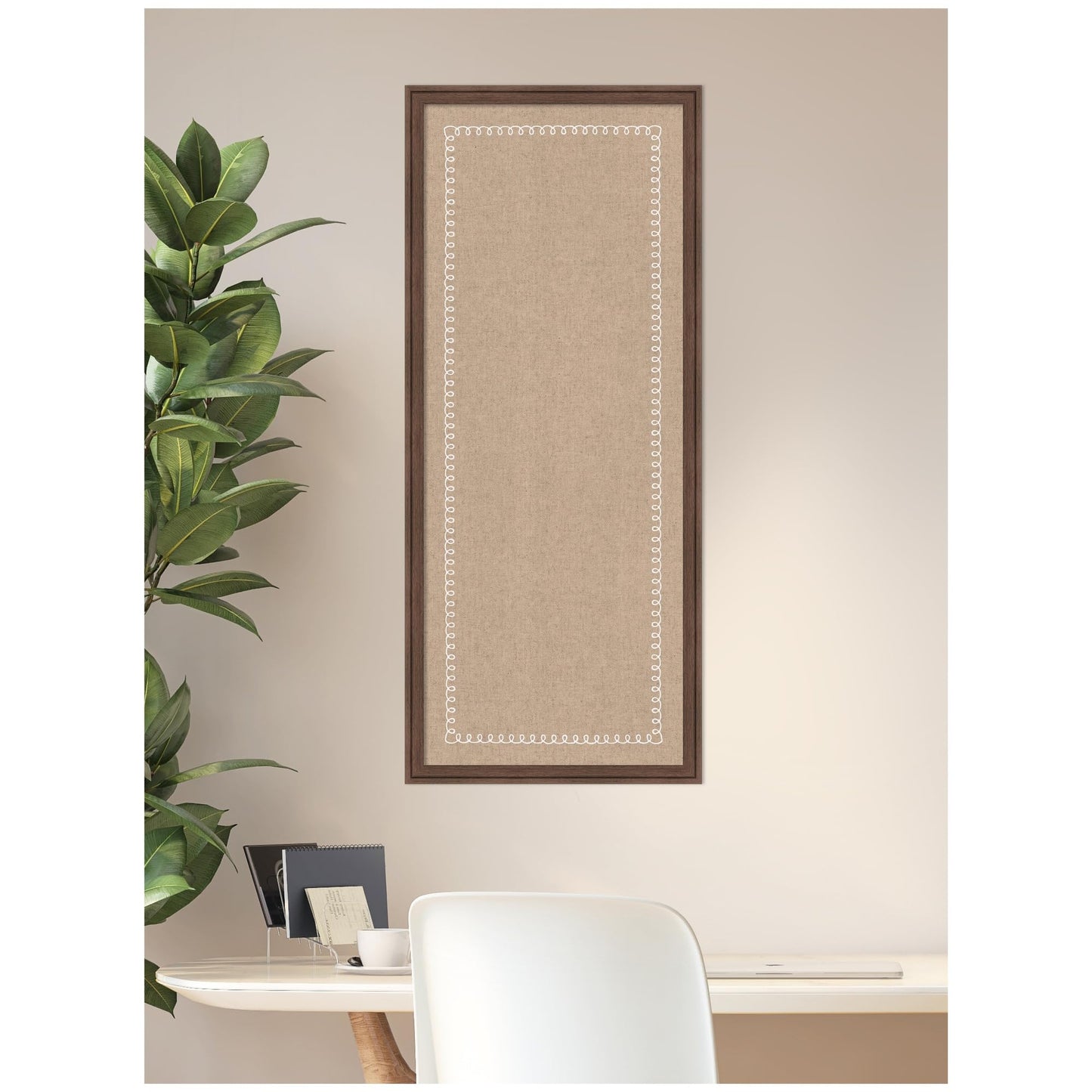 Kate and Laurel Framed Fabric Pinboard 18 x 42, White Scalloped Edge Printed Linen Classic Bulletin Board for Use as a Vision Board or Wall Organization, Florence Medium Brown Frame