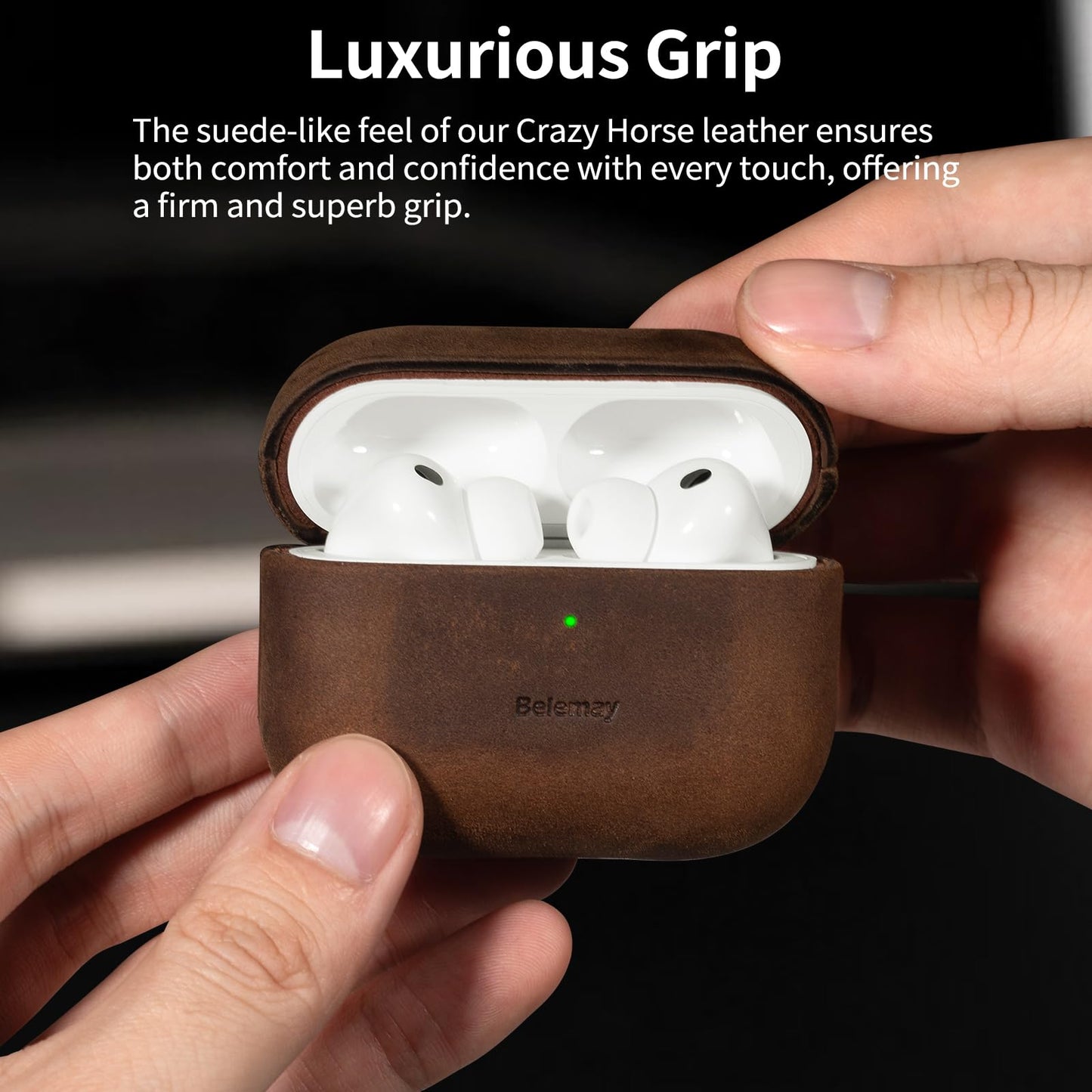 Belemay Handcrafted Crazy Horse Leather Case for AirPods Pro 3rd Gen (2025), Vintage Aesthetic, Two-Tone Effect, Unique Patina, Compatible with MagSafe, Compatible with Airpods Pro 3, Rustic Brown