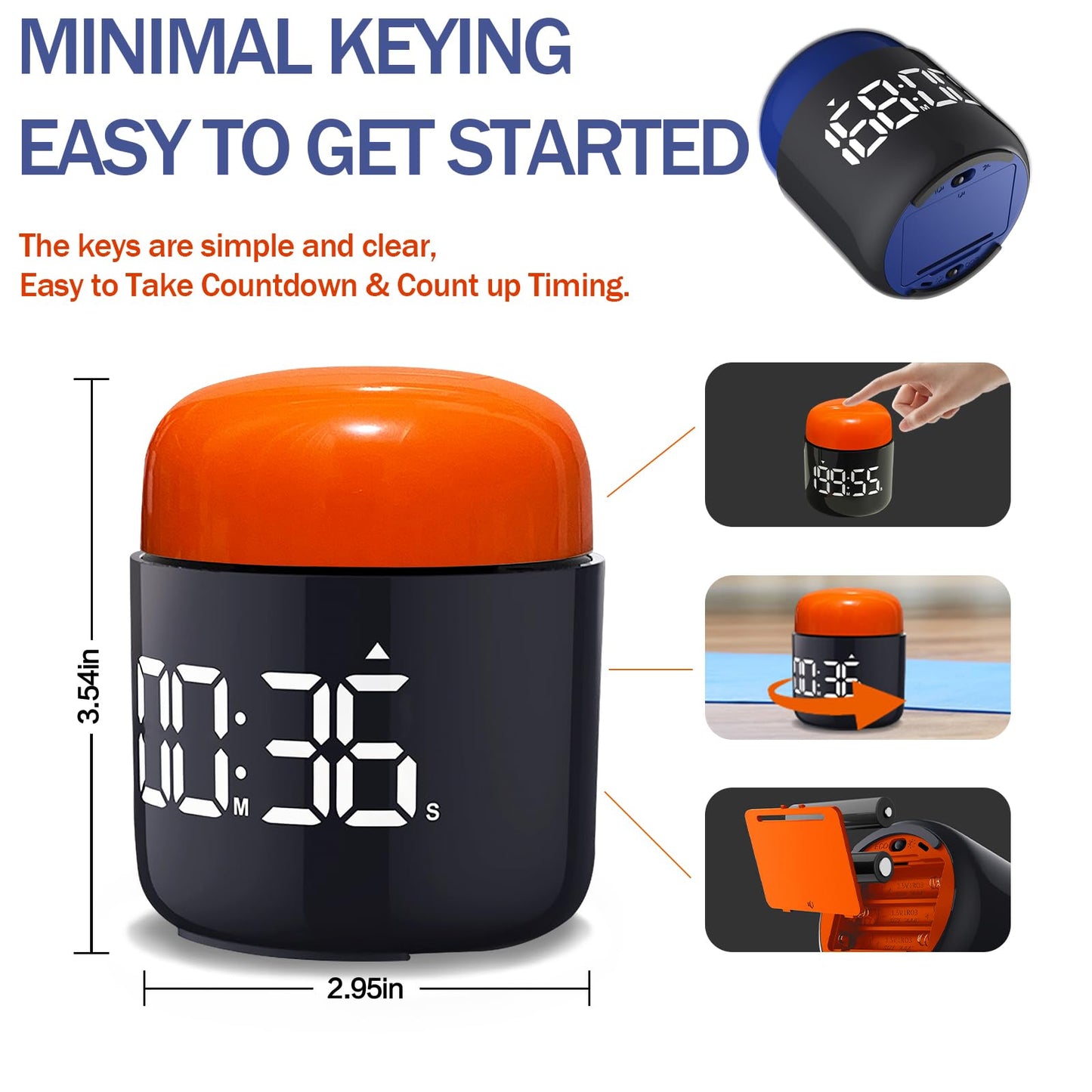 Large Display Digital Timer Stopwatch, Retro Manual Twist Table Count Down & Up Game Timer, Easy to use, Night Light Silent & Sound Timers for ADHD Study Work Kitchen Classroom Yoga Gym (Tangerine)