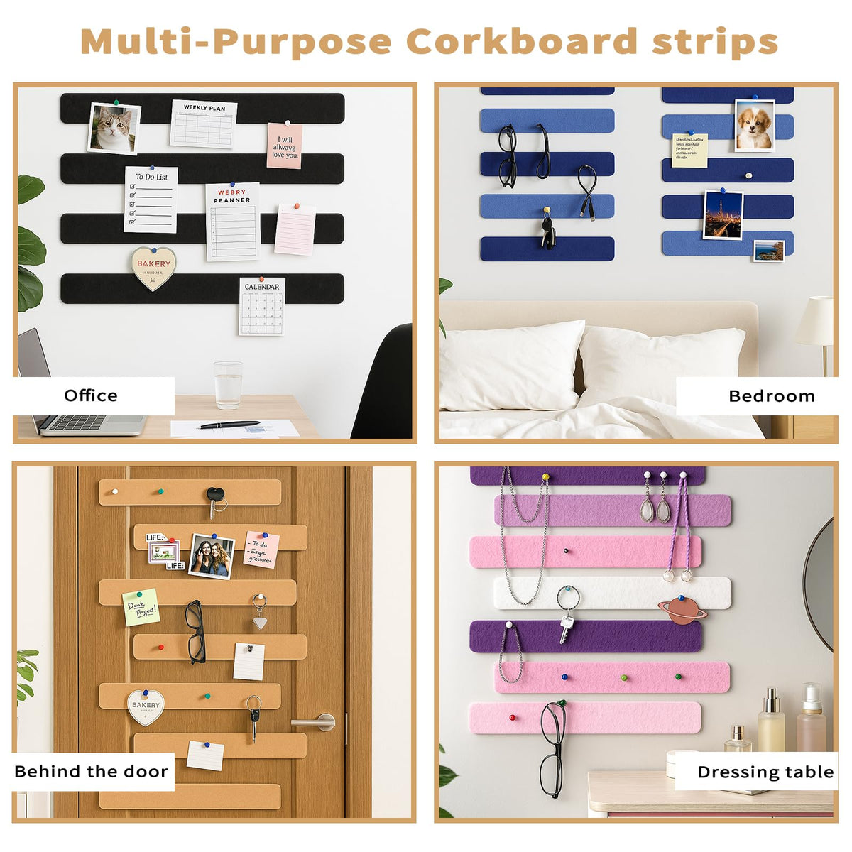 Felt Bulletin Board Strips for Wall 16 Pack 13"x2" - Felt Pinboard Strips with 70 Push Pins and 200 Sticky Notes, Adhesive Cork Board Alternative for Office, Dorm, Photos, Notes (Mix Blue)