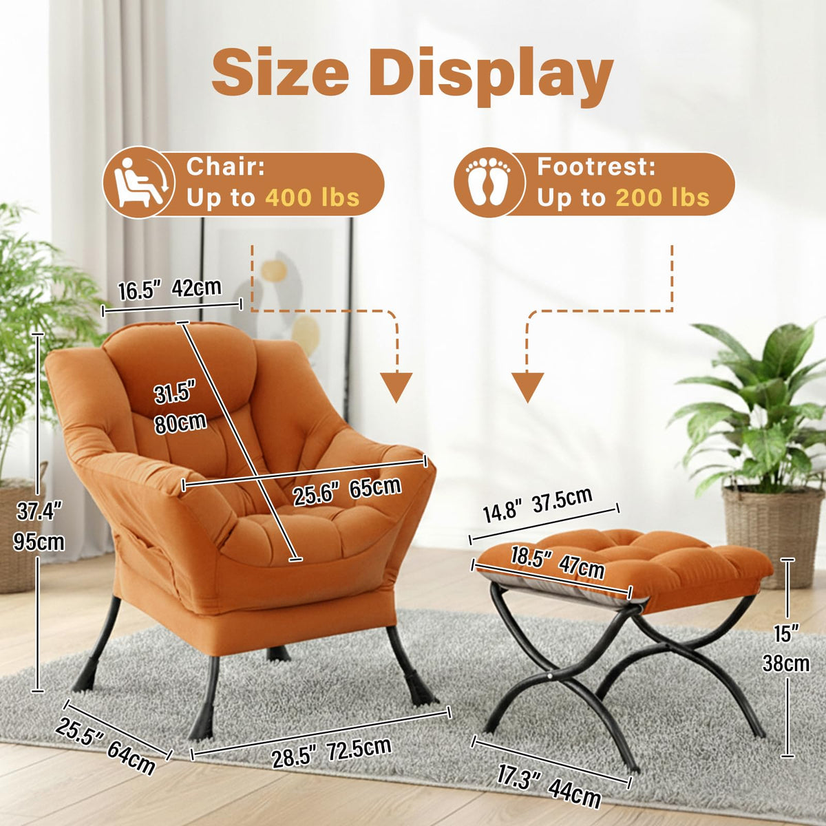 Givjoy Lazy Chair and Ottoman, Large Accent Orange Velvet Chair with Side Pocket, Modern Leisure Upholstered Reading Armchair with Footrest for Office, Bedroom, Living Room, Dorm Rooms, Balcony