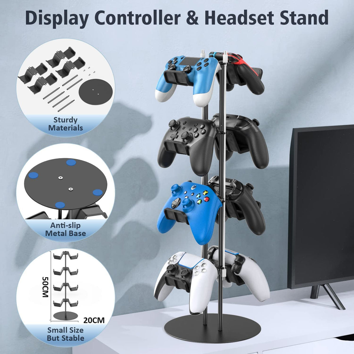 Kytok Controller Stand 4 Tiers with Cable Organizer for Desk, Universal Headphone Stand Compatible with Xbox PS5 PS4 Console Nintendo Switch, Headset Holder & Desk Mounts for 8 Packs Controller