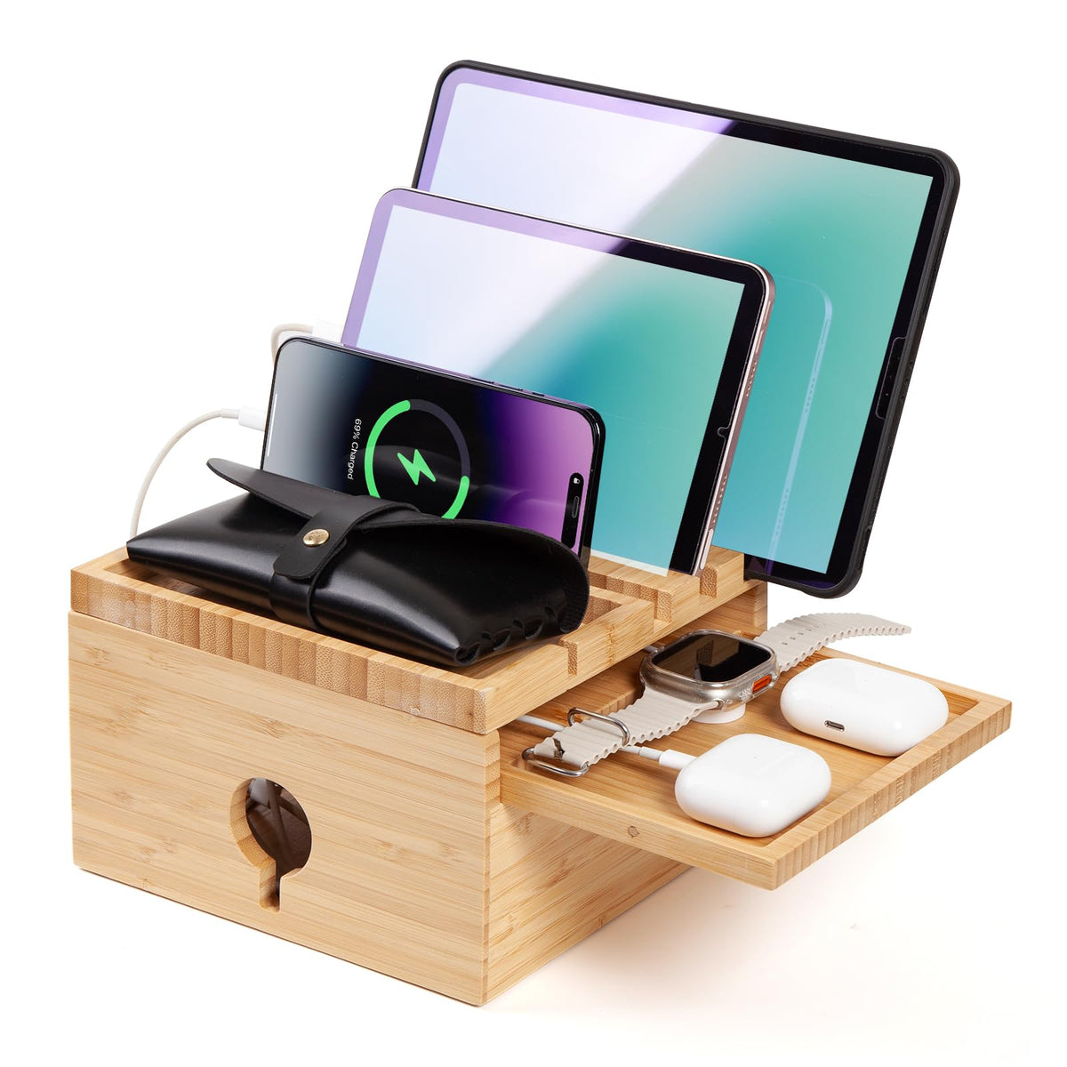 Bamboo Charging Station for Multiple Devices, Nightstand Docking Station with Small Tray, Desktop Wood Charger Organizer, Compatible with Cell Phone, Tablet, Earphones (No USB Charger and Cables)