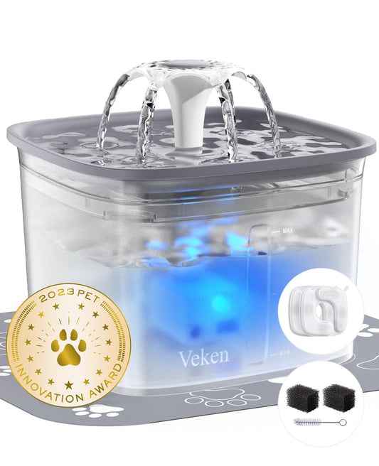 Veken Innovation Award Winner 95oz/2.8L Pet Fountain, Automatic Cat Water Fountain Dog Water Dispenser with Replacement Filters for Cats, Dogs, Multiple Pets (Transparent Grey, Plastic)