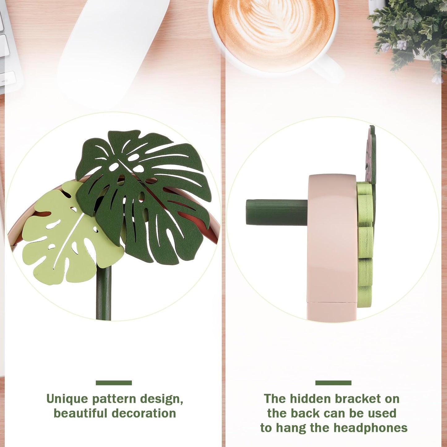 Yookeer Monstera Headphone Stand Cute Headphone Stand Decorative Palm Leaves Wood Desk Decor for Gamer Room Office Desk Gaming Gifts for Girlfriend Office Worker