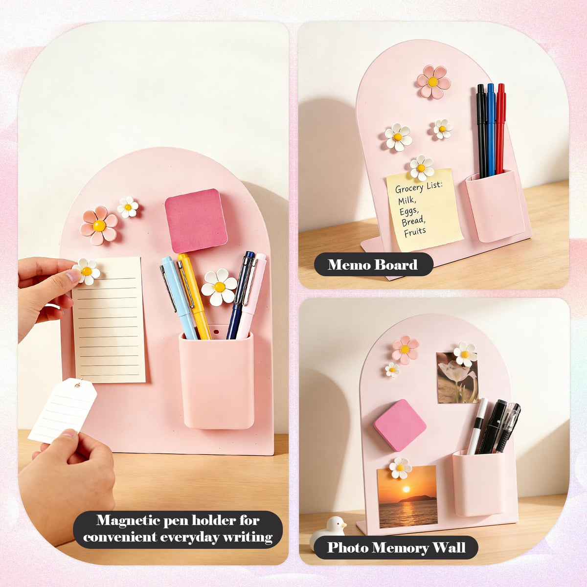 2 Pcs Magnetic Bulletin Board for Tabletops with 4 Flower Magnets, Magnetic Pen Holder, 10x7 Inch Memo Display Easel Stand Photo Display Board, Home School Office Kitchen Table Supplies