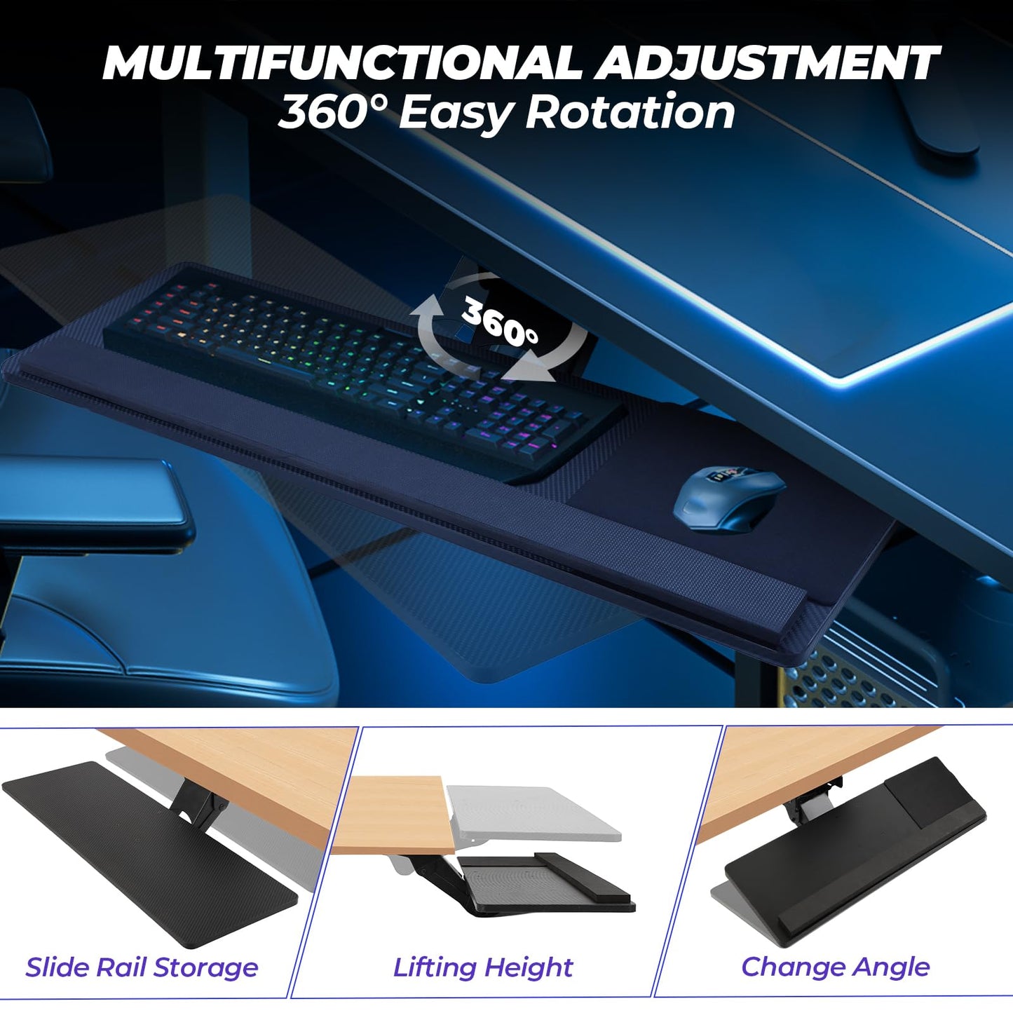 Keyboard Tray Under Desk， 360° Adjustable Slide Out Keyboard Tray Under Desk with Mouse Pad & Wrist Rest，Ergonomic Large Size Keypad Tray Holder， Suitable for Office/Game/Home