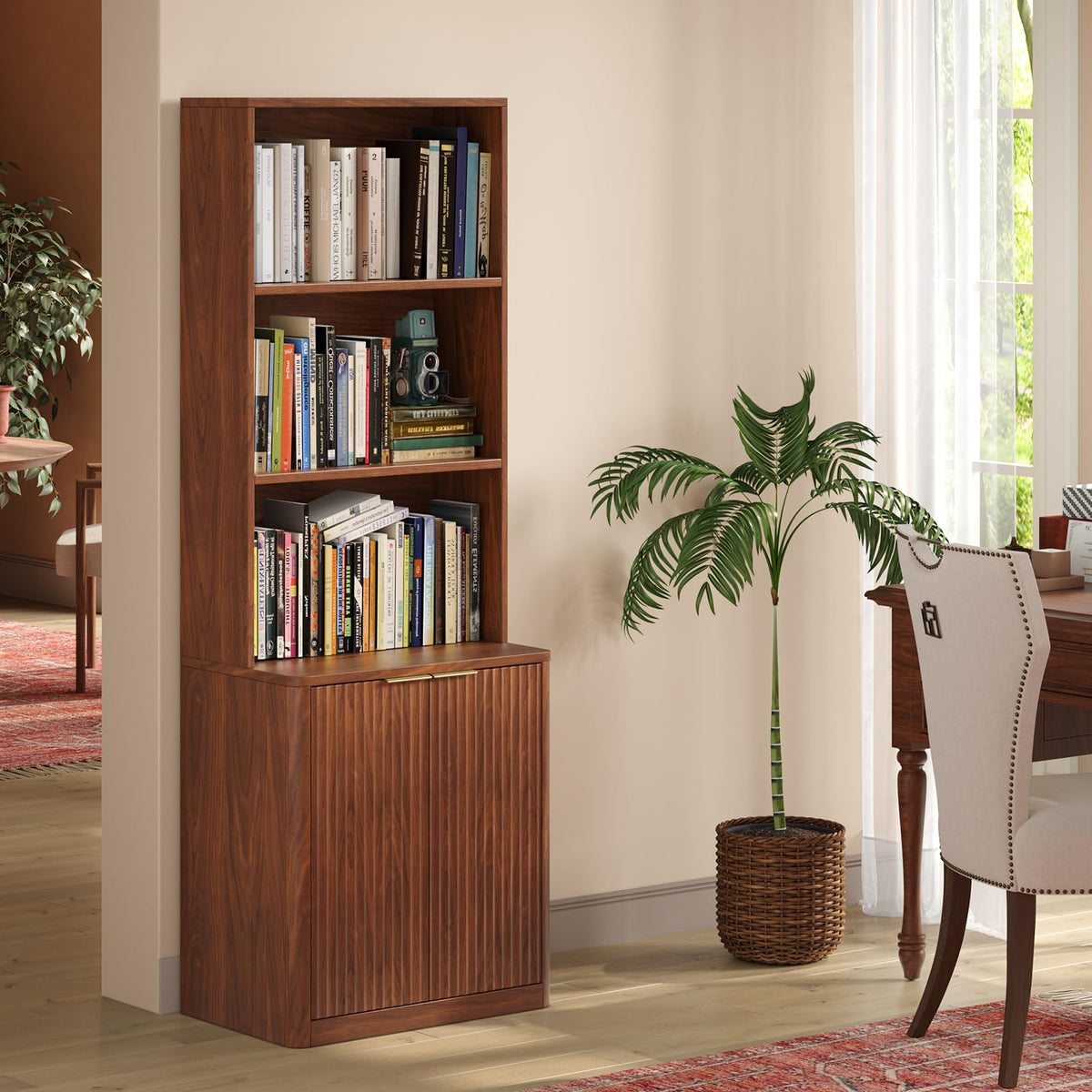 Hootata 71" Walnut Bookcase with Doors, 5 Tier Fluted Tall Bookshelf with Storage, Librero with Cabinet for Home Office, Living Room,or Bedroom