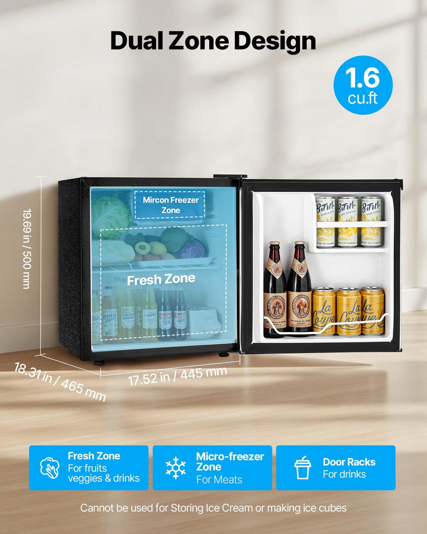 VEVOR Mini Fridge with Freezer, 1.6 Cu.Ft Compact Refrigerator, 7 Mode Adjustable Temperature, Energy Efficient Small Refrigerator, Reversible Door, Low Noise, for Bedroom, Office, Brushed Stainless