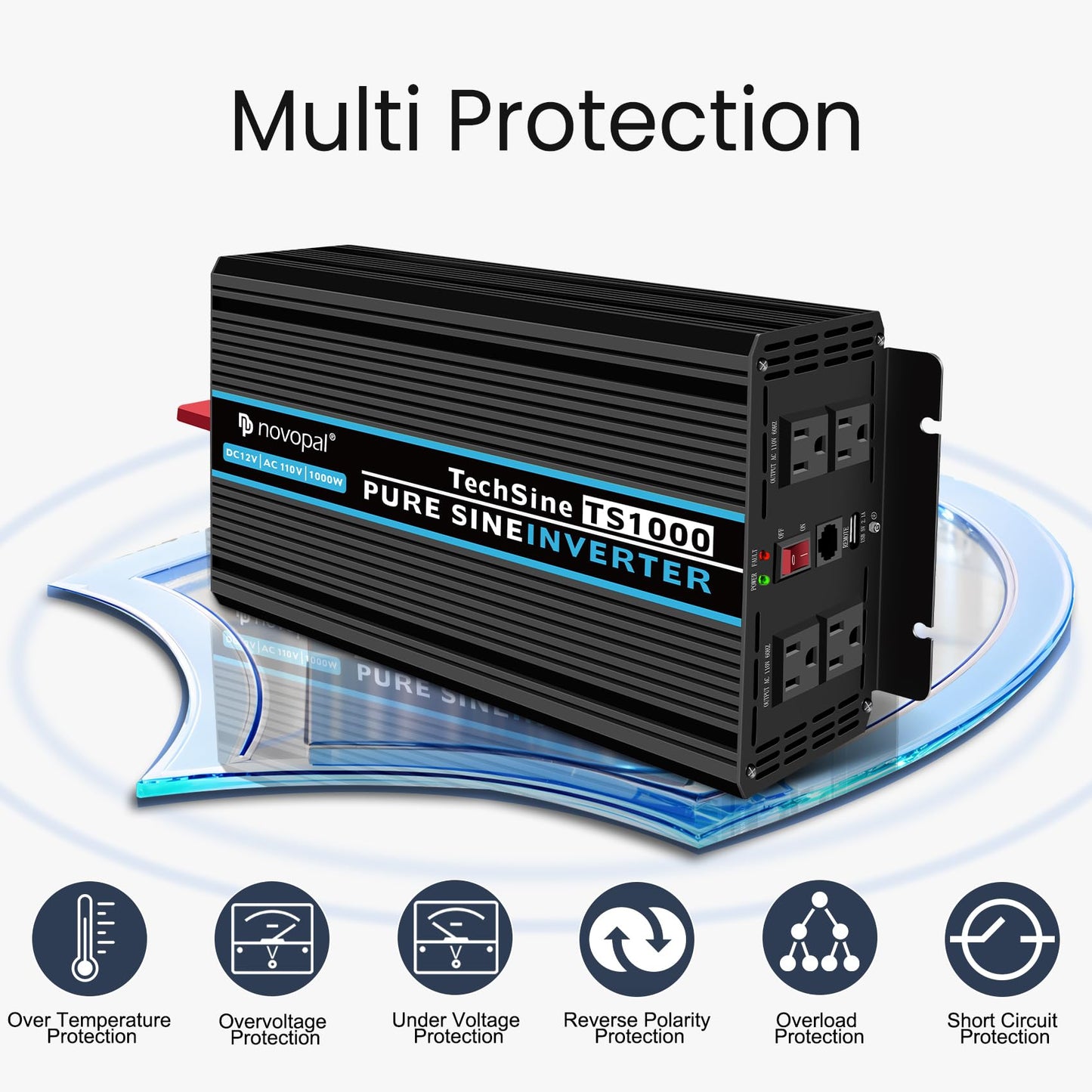 NOVOPAL 1000W Pure Sine Wave Power Inverter 1000 Watt 12V DC to 110V 120V AC,4 AC Outlets, 1 x USB Ports for Off-Grid Solar Car RV Truck Boat with 16FT Wired Remote