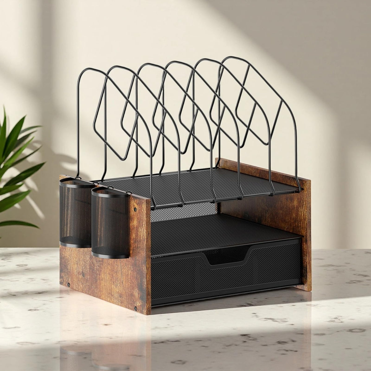 Boershun Wood Desk Organizer - 2-Tier Desktop File Organizer with Drawer with Vertical File Holder, Wooden Paper Tray, Office Desk Organzier and Accessories for Papers, Mail, Notebooks, Stationery