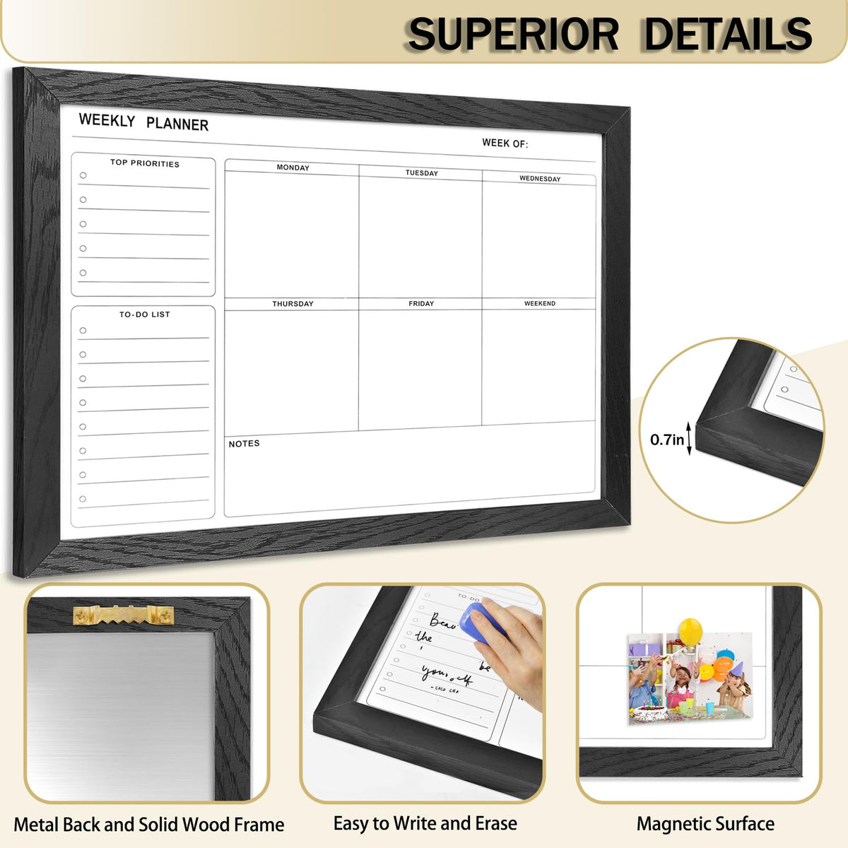 Marribol White Board Weekly Calendar Dry Erase Planner for Wall-16"X12",Black Solid Wood Frame,Minimal/Modern Design, Magnetic Whiteboard Planner for to Do List, Memo, School, Home, Office, Kitchen
