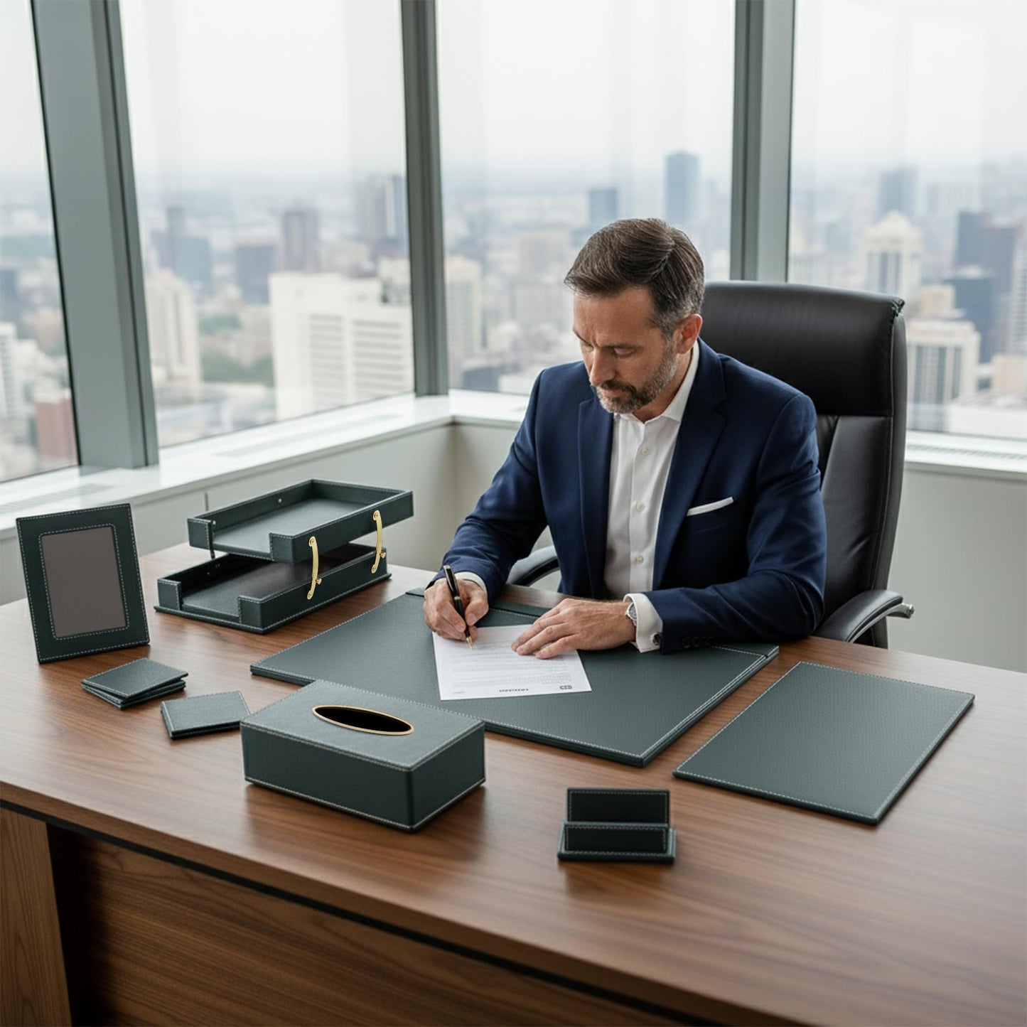 RitPin Leather Desk Set, 15-Piece Leather Desk Organizer, Executive Desk Organizer with Desk Pad & Blotter, 2-Tier Tray, Pen Holder, Office Accessories, Executive Desk Accessories(Green)