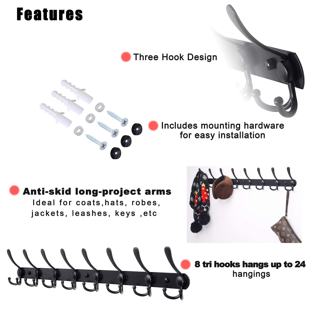 Dseap Coat Rack Wall Mount - 29.5” Long 8-Tri-Hooks Heavy Duty Coat Hanger Rail Wall Hooks for Hanging Coats Hats Clothing Clothes Purse Mudroom Entryway, Black