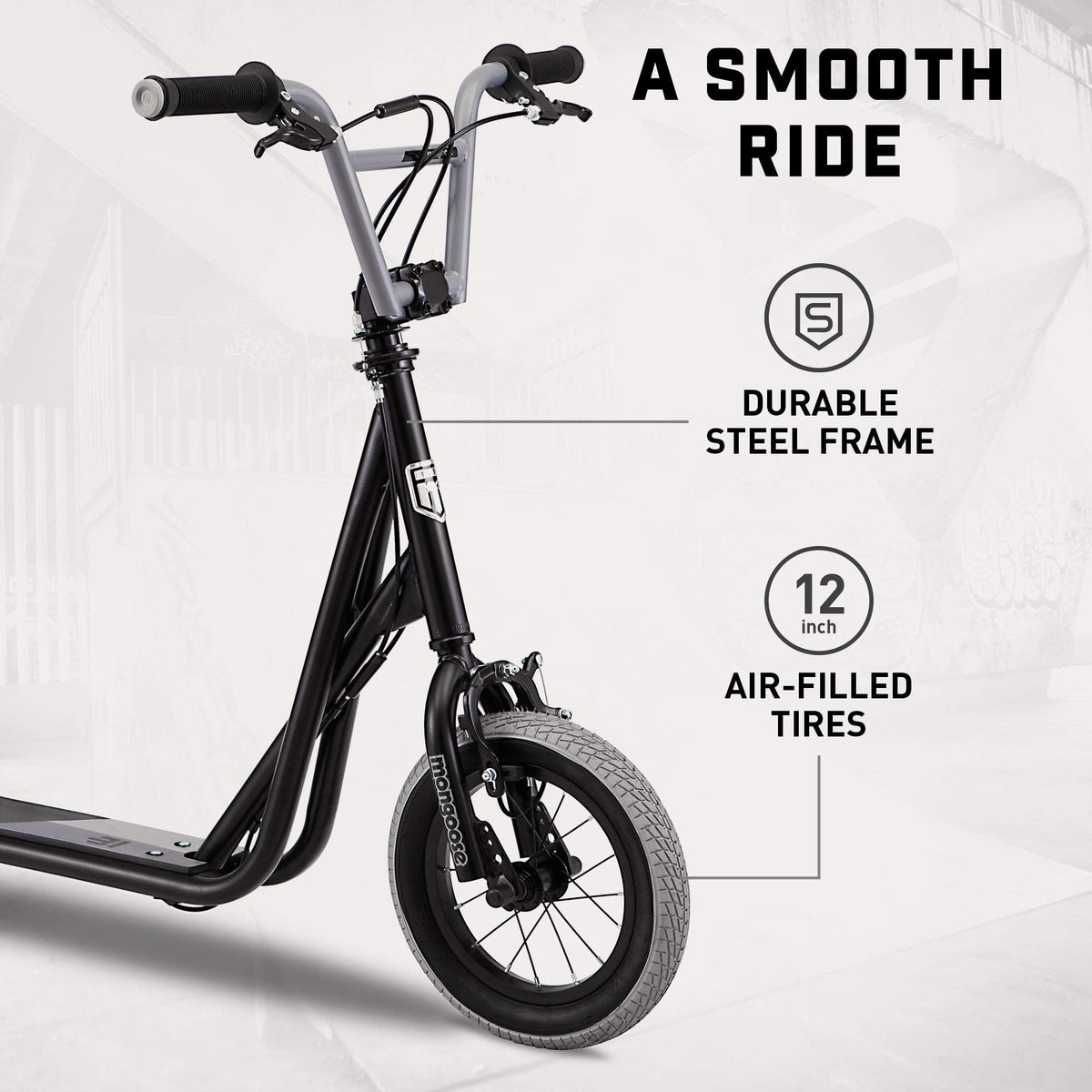 Mongoose Trace Air Non-Electric Scooter for Youth Boys Girls Age 8+ Year Old, Max Weight 220 lbs., 12-Inch Air Tires, BMX-Style Handlebar, Wide Foot Deck, Black