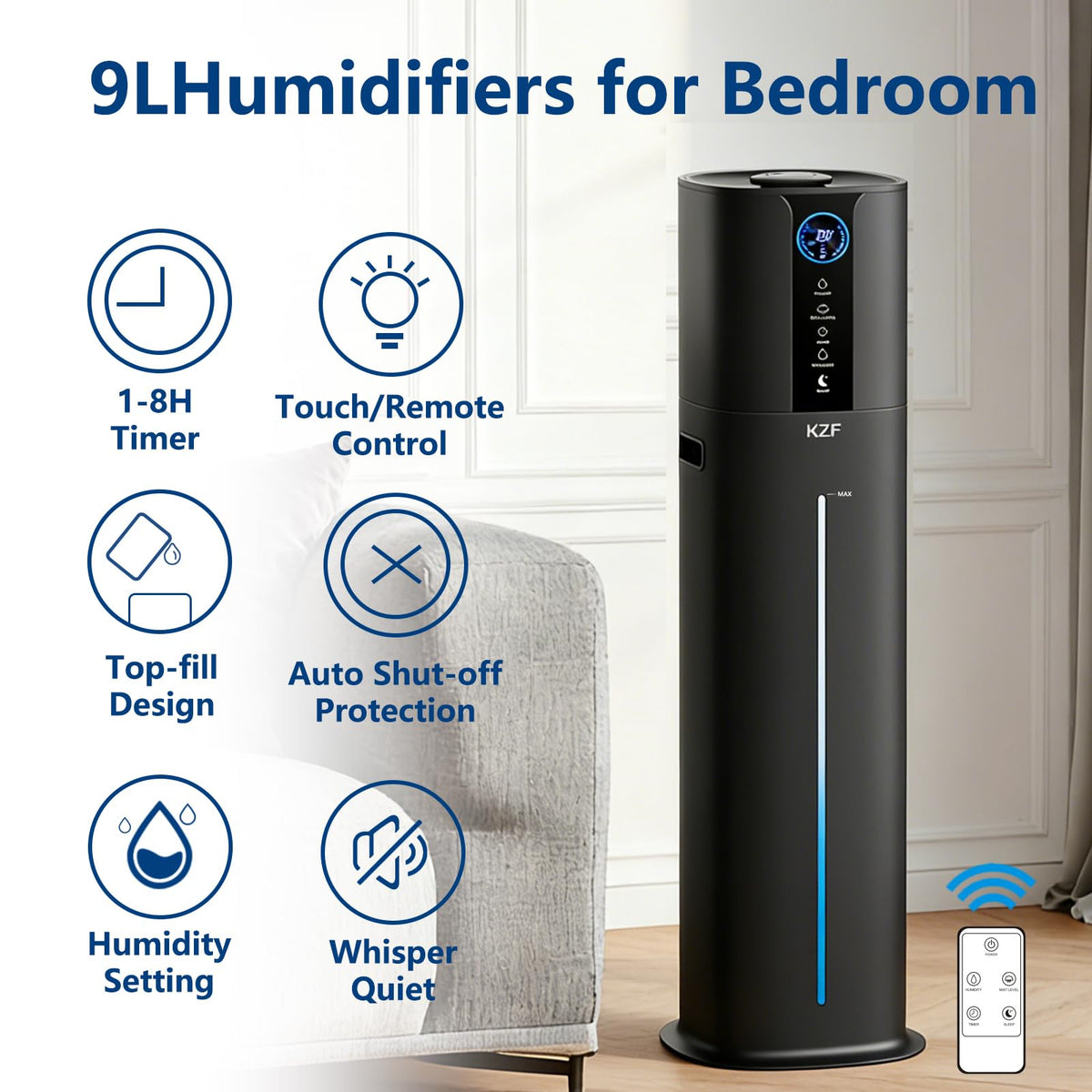 KZF 9L Smart Humidifiers for Bedroom Large Room, 2.3Gal Cool Mist Top Fill Diffuser App & Remote Control, 3 Mist Modes, Quiet Humidifier for Home Office Plant (Black, Remote Control)
