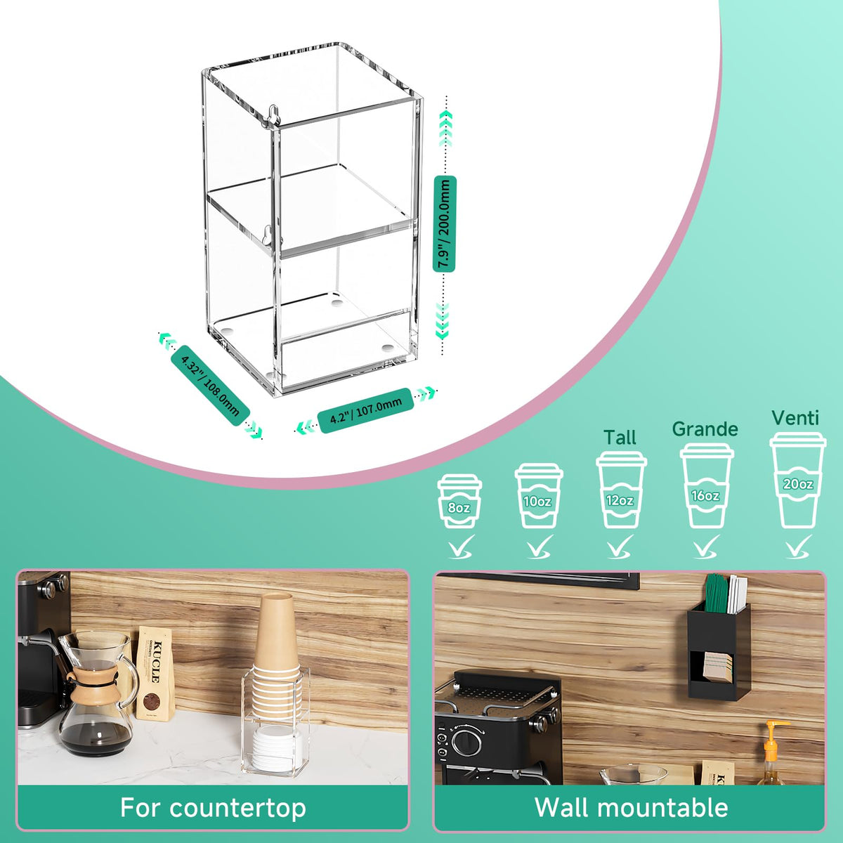Kucle 2-Tier Coffee Station Organizer for Countertop, 2 Compartments Clear Acrylic Cup and Lid Holder Tea Condiment Storage Upright Coffee Bar Organizer Pod Dispenser for Office Breakroom Home Kitchen