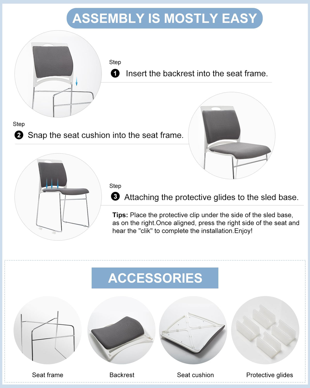 VACYOVKE 4 Pack Stacking Chairs 1102LB Capacity Home Office Guest Chair Set With Sled Base, Modern Reception Chair for Kitchen, Waiting Room, Multi-Purpose, Break Room, Training, Cafeteria, Gray Color
