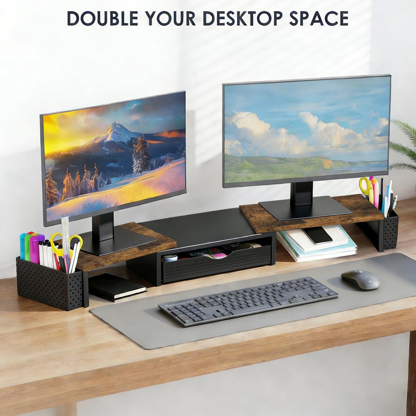 Spacrea Metal Desk Organizers and Accessories, Dual Monitor Stand Riser with Drawer and 2 Pen Holders, Desk Accessories & Workspace Desktop Organizers for Office Supplies (Wood)