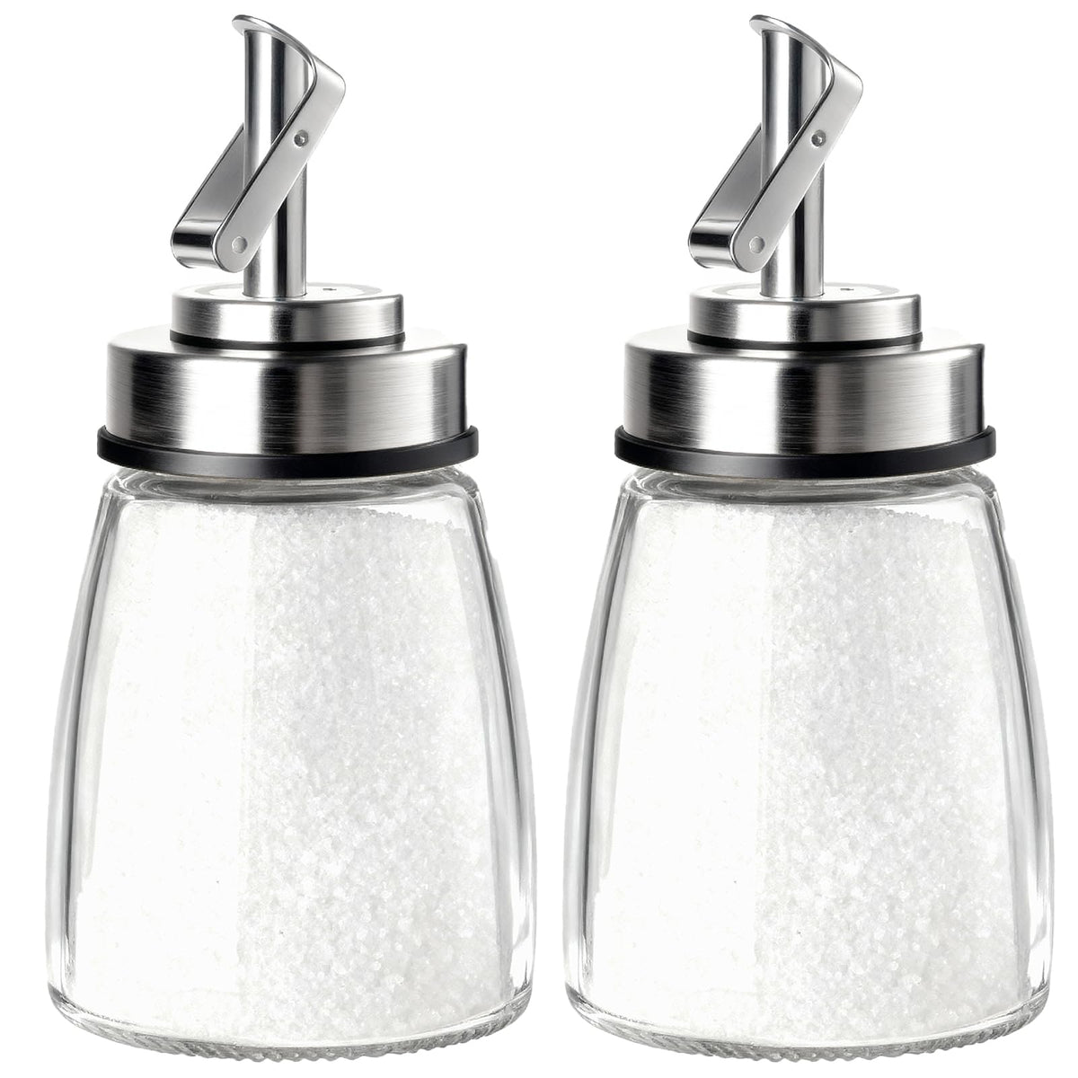 TIWPAJS 2-Pack Glass Sugar Dispenser with Stainless Steel Lid, Automatic Pour Spout, Sugar Container for Coffee Bar, Sugar Jar, Sugar Bowl, Salt Shaker, 6OZ