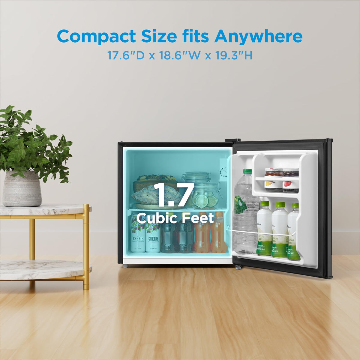Midea MERM17B0ABB 1.7 Cu Ft Mini Fridge, Compact Refrigerator with Adjustable Thermostat, Reversible Door, Low Noise, Energy Efficient, Ideal for Dorm, Office, Bedroom, Black