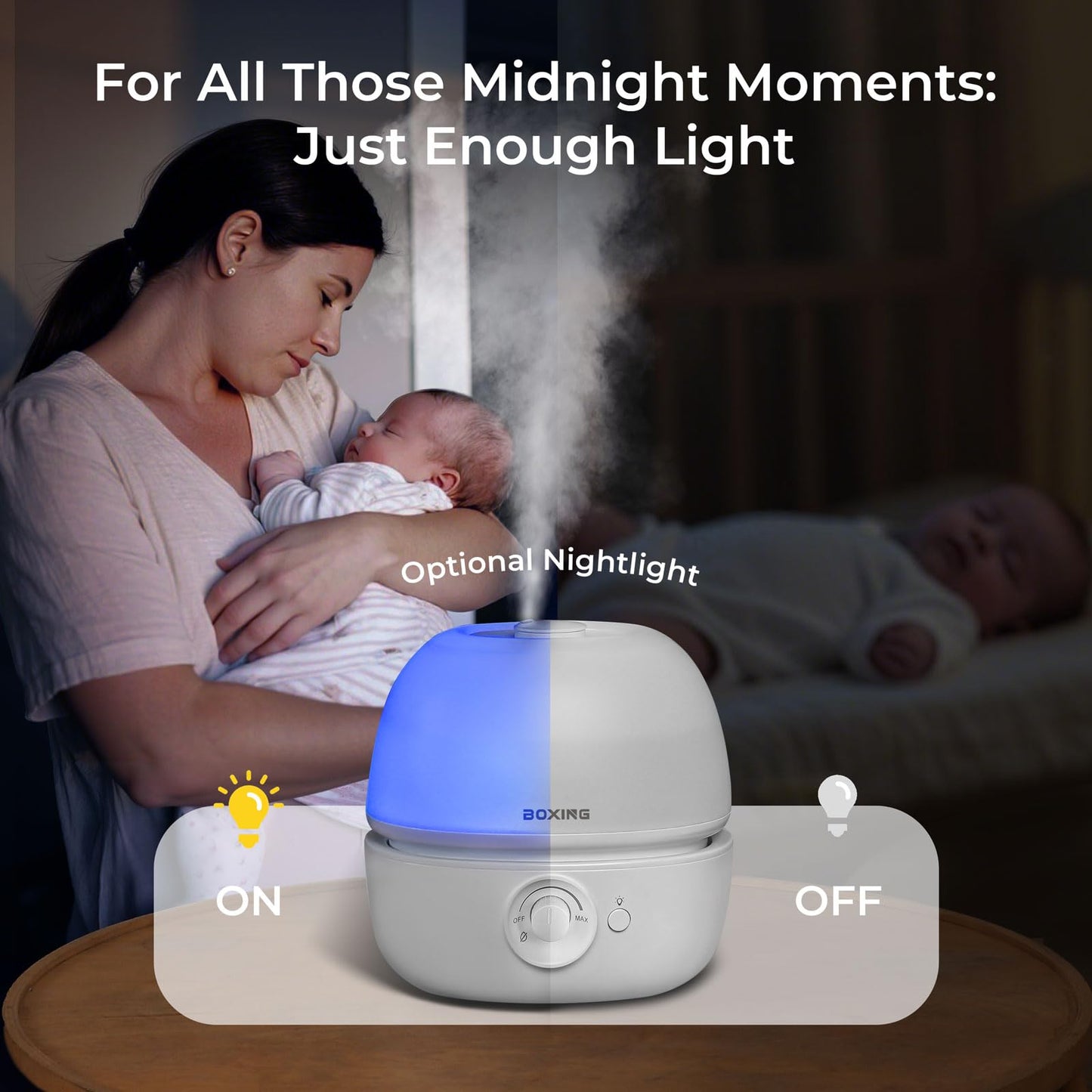 BOXING 3L Top Fill Humidifiers for Bedroom Baby, 20dB Quiet Air Humidifier for Large Room & Indoor Plants with Optional Night Light, Cool Mist Diffuser for Home, Essential Oil Tray, BPA-Free,White,30H