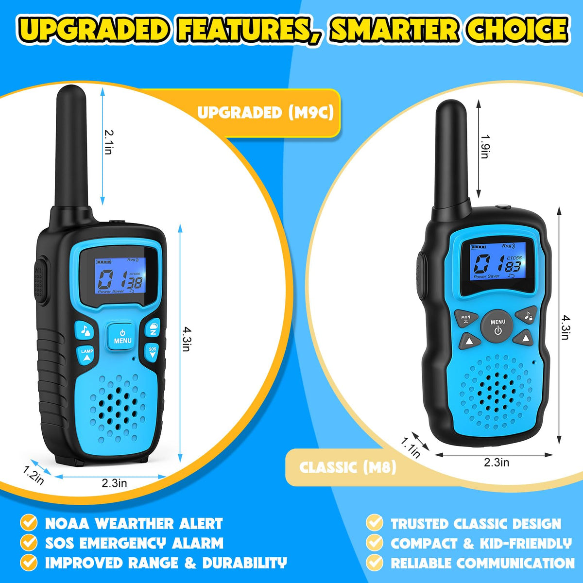 Wishouse Walkie Talkies for Kids Rechargeable Long Range,Xmas Birthday Gift for 4 5 6 7 8 9 Year Old Boy Girl,Hiking Gear Camping Games Cool Toys with NOAA,SOS Siren,Lamp,Lanyards,2 Pack Yellow Green