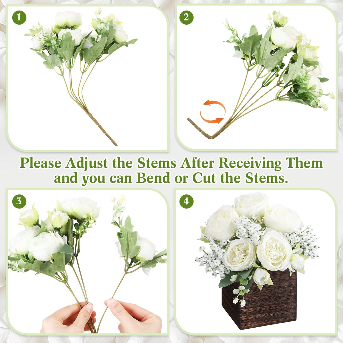 Suncalla 6 Sets Artificial Peonies Flowers Table Centerpieces with Wooden Cube Planter Box Wedding Floral Arrangement 4 x 4 Square Wood Vase for Bridal Party Home Table Decor(White)