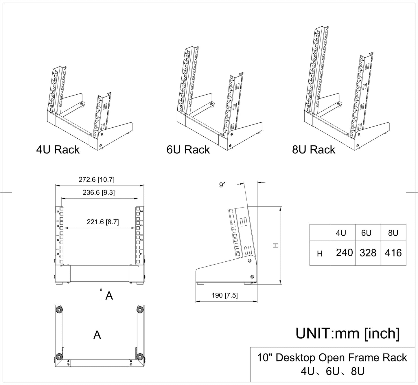 QiaoYoubang 8U Small Desktop Network Rack, 10 inch Mini Open Frame Desktop Cabinet for 10 inch Network, Servers, Audio, Video and Studio Equipment Free Standing Home Office Rack (8U)