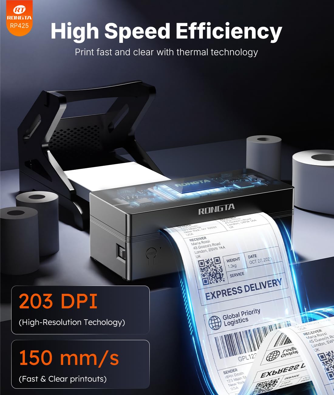 Rongta Bluetooth Shipping Label Printer, Wireless 4x6 Thermal Label Printer for Shipping Packages, Support Android, iPhone, Widely Used for Amazon, Ebay, Shopify, Etsy, UPS, Black