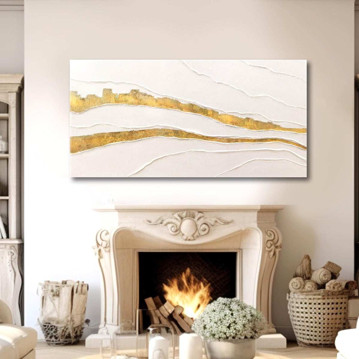 VAYIMDH Canvas Abstract Art White Large Wall Decorations for Living Room Gold Foil Abstract Wall Hanging Oil Painting for Office 29"x 58" Home Decor