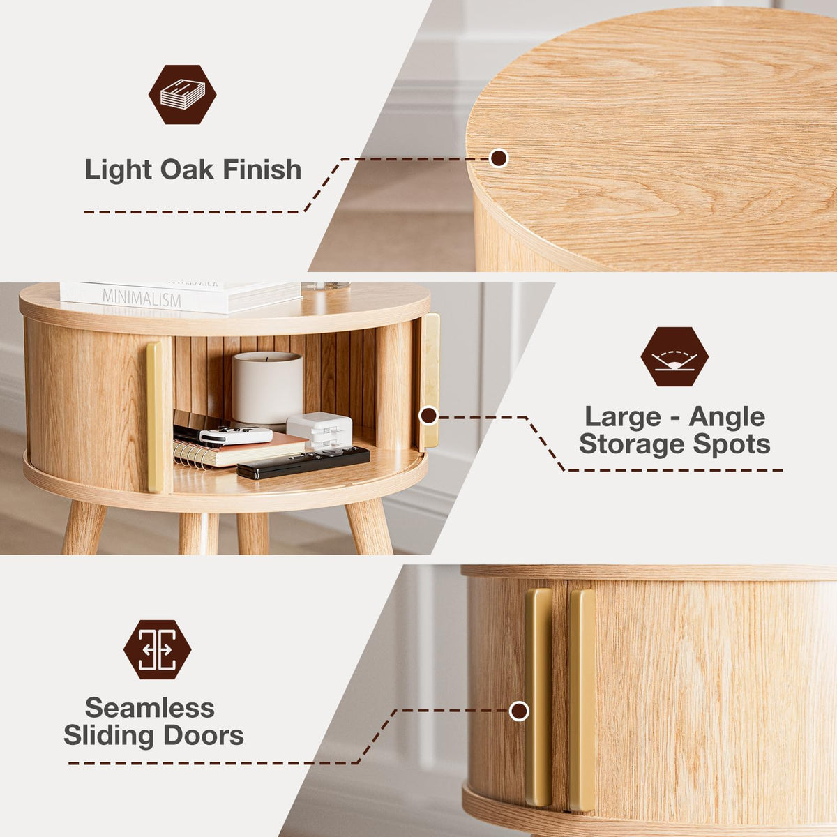 ZttRiee Side Table with Sliding Door & Cabinet, End Table for Living Room, Night Stand for Bedroom, Modern Bedside Table with Solid Wood Legs, Natural