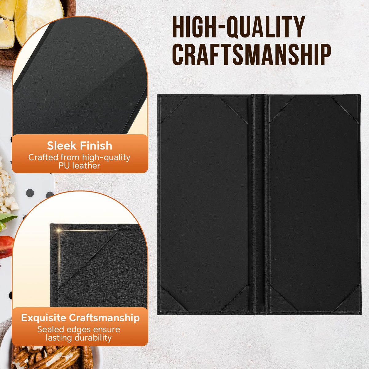 MYFULLY Restaurant Menu Holders 4.25" x 11", 12 Pack Black PU Leather Single Panel Menu Covers with Angled Corners for Restaurant, Bar, Coffee Shop, Wine List (4 View)