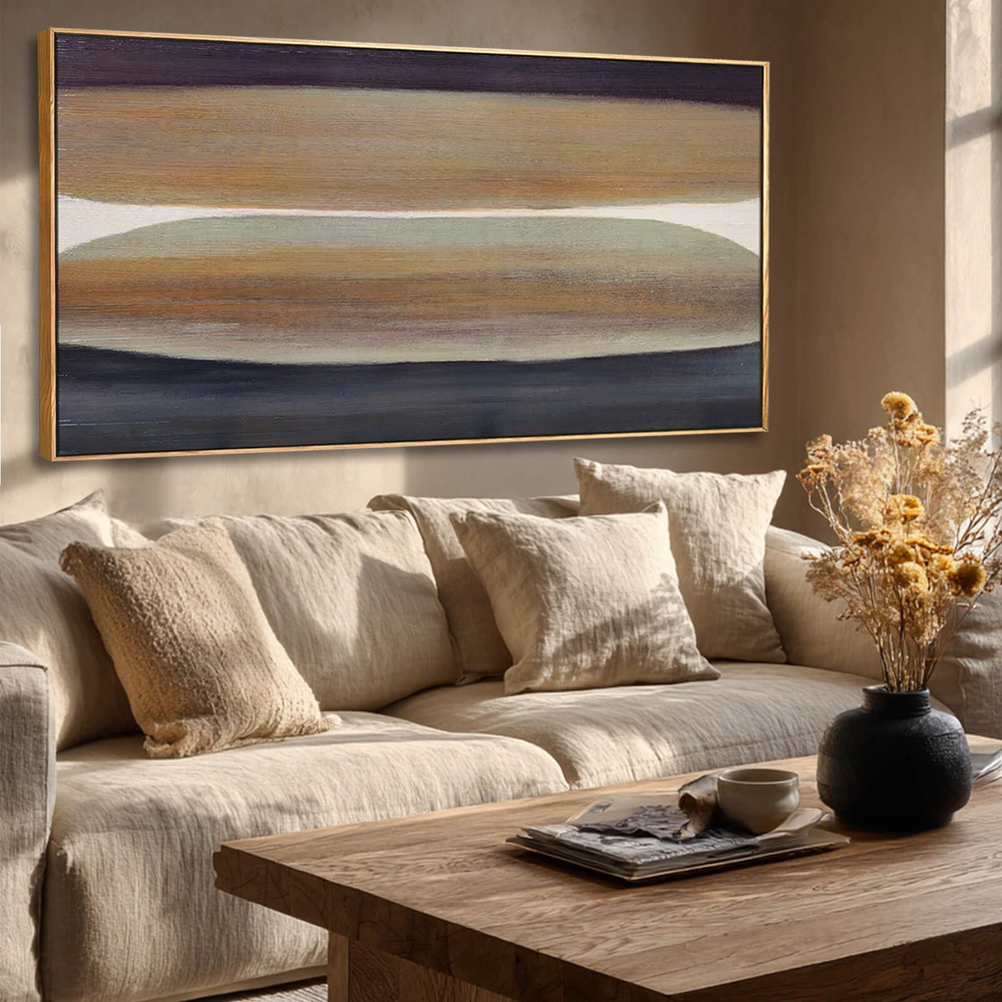 Neutral Brown and Black Abstract Wall Art 24x48 Inch, Large Framed Canvas Prints with Wooden Frame, Modern Minimalist Home Decoration for Bedroom Living Room or Office
