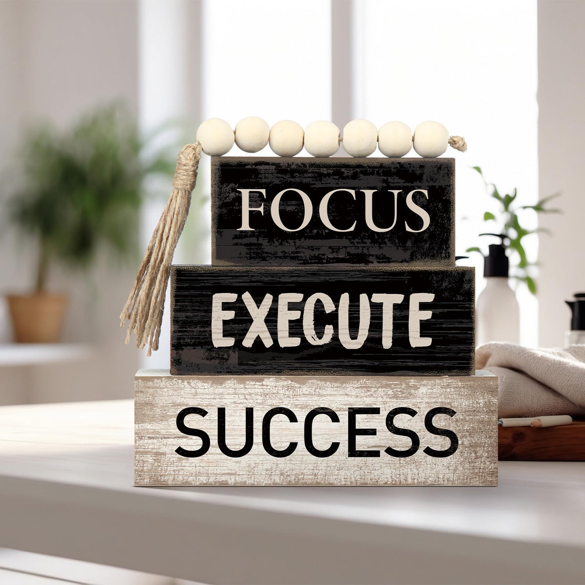 Yuntau 4 Pcs Motivational Wooden Tabletop Decor Inspirational Tiered Tray Decor Rustic Retro Wood Bead Garland Focus Execute Success Block Sign Gift Farmhouse Centerpiece for Home Shelf Mantle