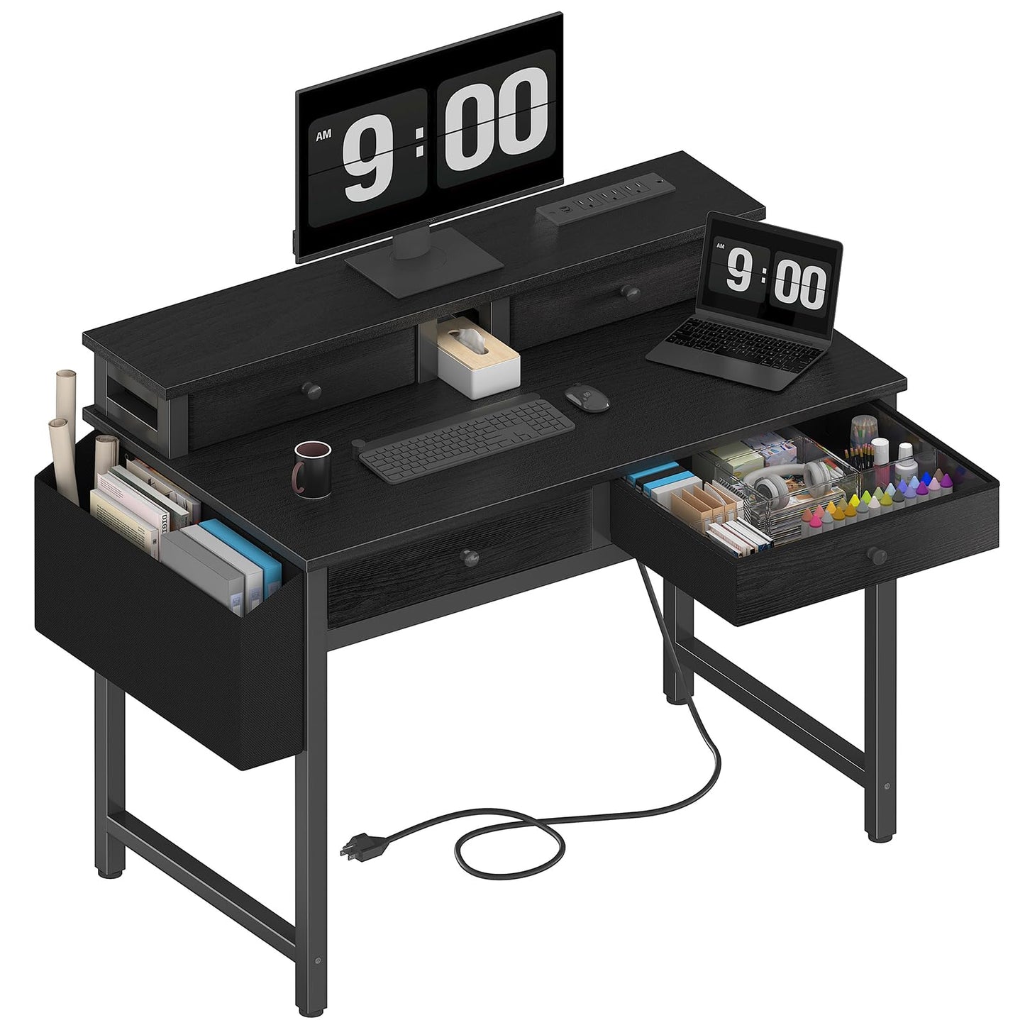 Lufeiya Small Desk with Drawers for Home Office Bedroom, 31 inch Black Writing Study Desks with Fabric Drawers Storage, Gaming Desk Table with Power Outlet & Monitor Stand, Black
