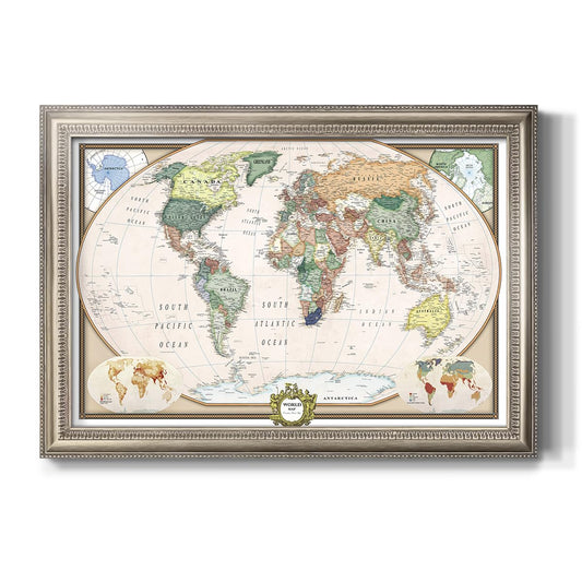 Renditions Gallery Colorful World Map Canvas Wall Art with Vintage Silver Frame Wall Hanging Travel Map with Push Pins for Home, Office, Classroom