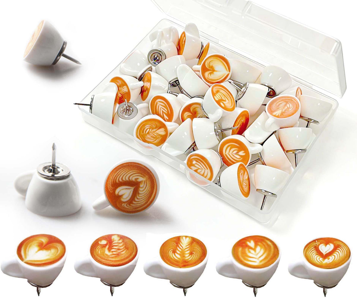 20 Pack Push Pins for Bulletin Board, Cute Push Pins Decorative Push Pin, 3D Coffee Latte Art Thumb Tacks with Storage Box for Cork Board, Office School Home Photo Wall Decor