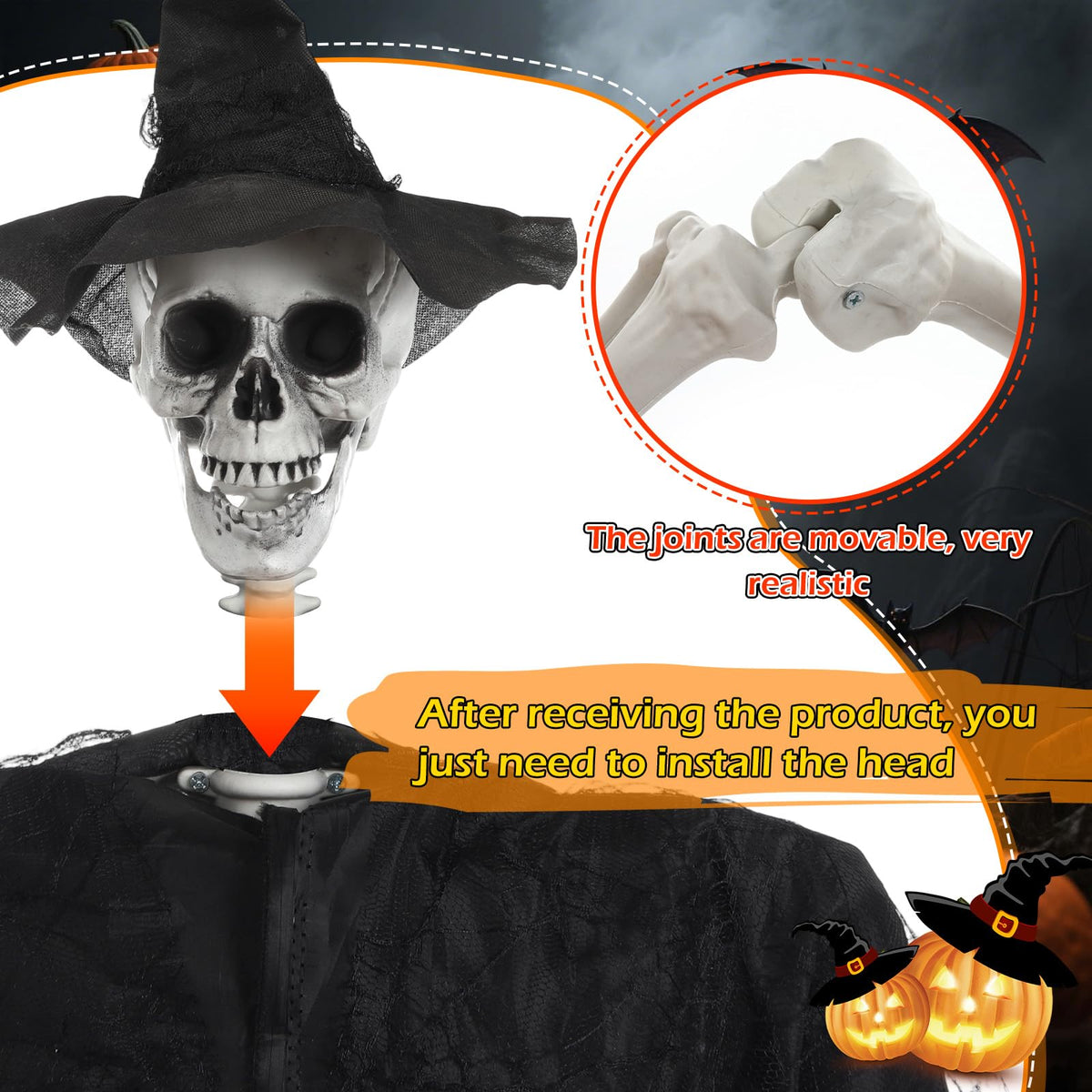 HunnmingRe 1 Set 5.4 ft Halloween Skeleton Decorations Outdoor Posable Life Size Skeleton with Costume Clothing Set and Movable Joints for Halloween Party Yard Haunted House Prop Decor (Witch)
