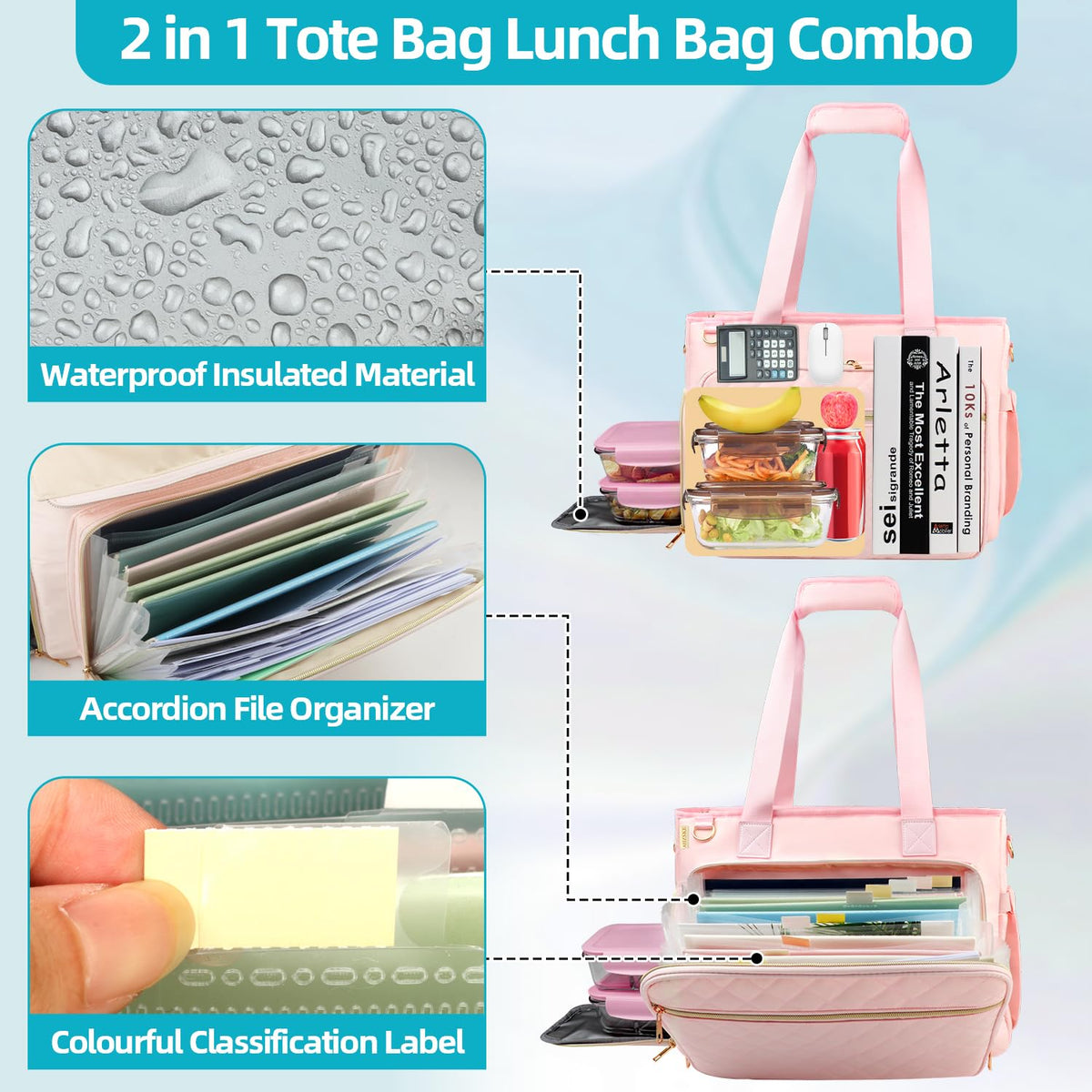 ahzske Lunch Work Tote Bag for Women with Accordion File Organizer Pocket, 3 in 1 Daily Tote Bag with Insulated Lunch Compartment& 15.6 Inch Laptop Compartment for Business Teacher Nurse (Pink)