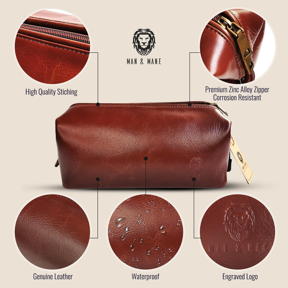 MAN & MANE Premium Leather Toiletry Bag for Men & Women – Classic Dopp Kit Travel Shaving Bag (Cognac Brown)