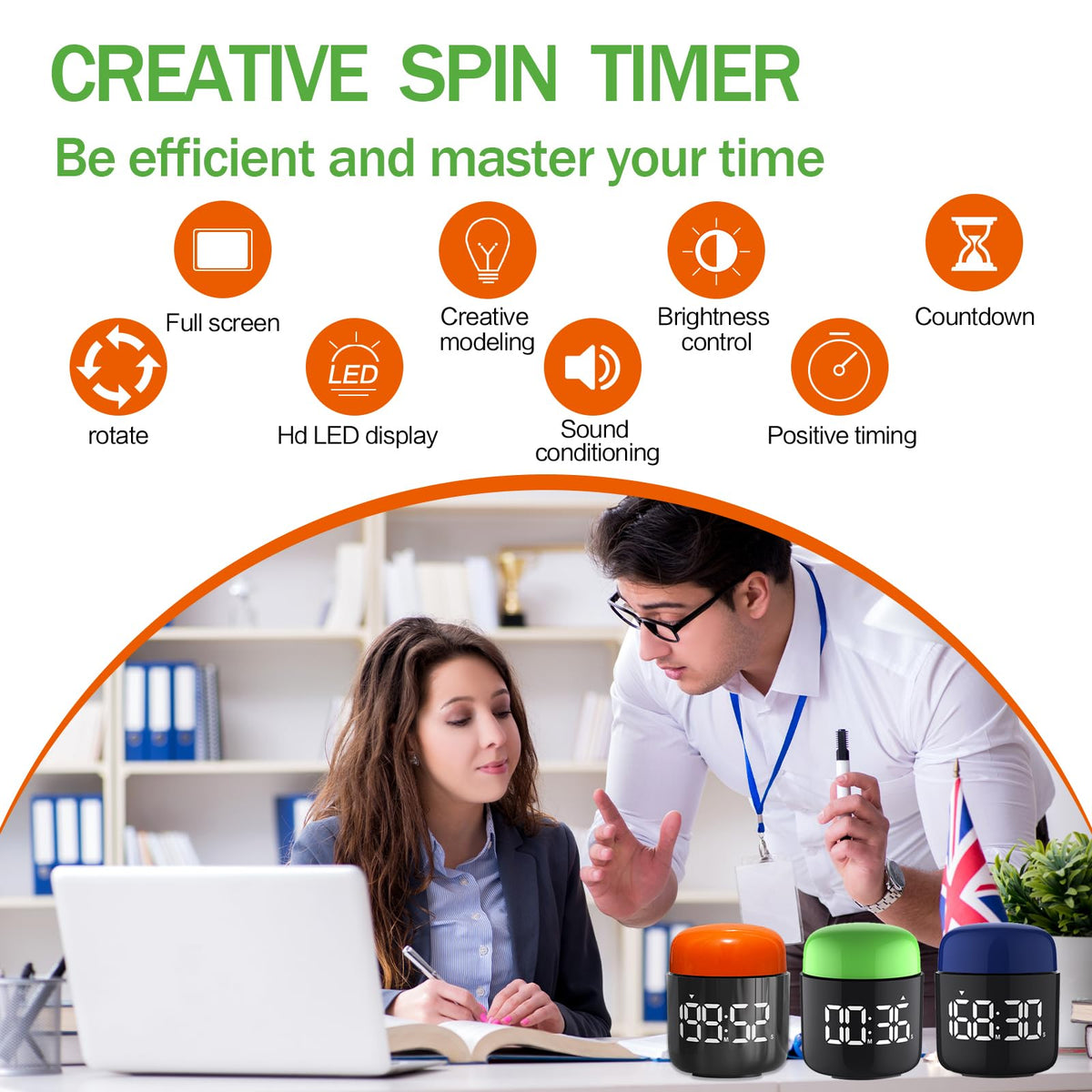 Large Display Digital Timer Stopwatch, Retro Manual Twist Table Count Down & Up Game Timer, Easy to use, Night Light Silent & Sound Timers for ADHD Study Work Kitchen Classroom Yoga Gym (Tangerine)