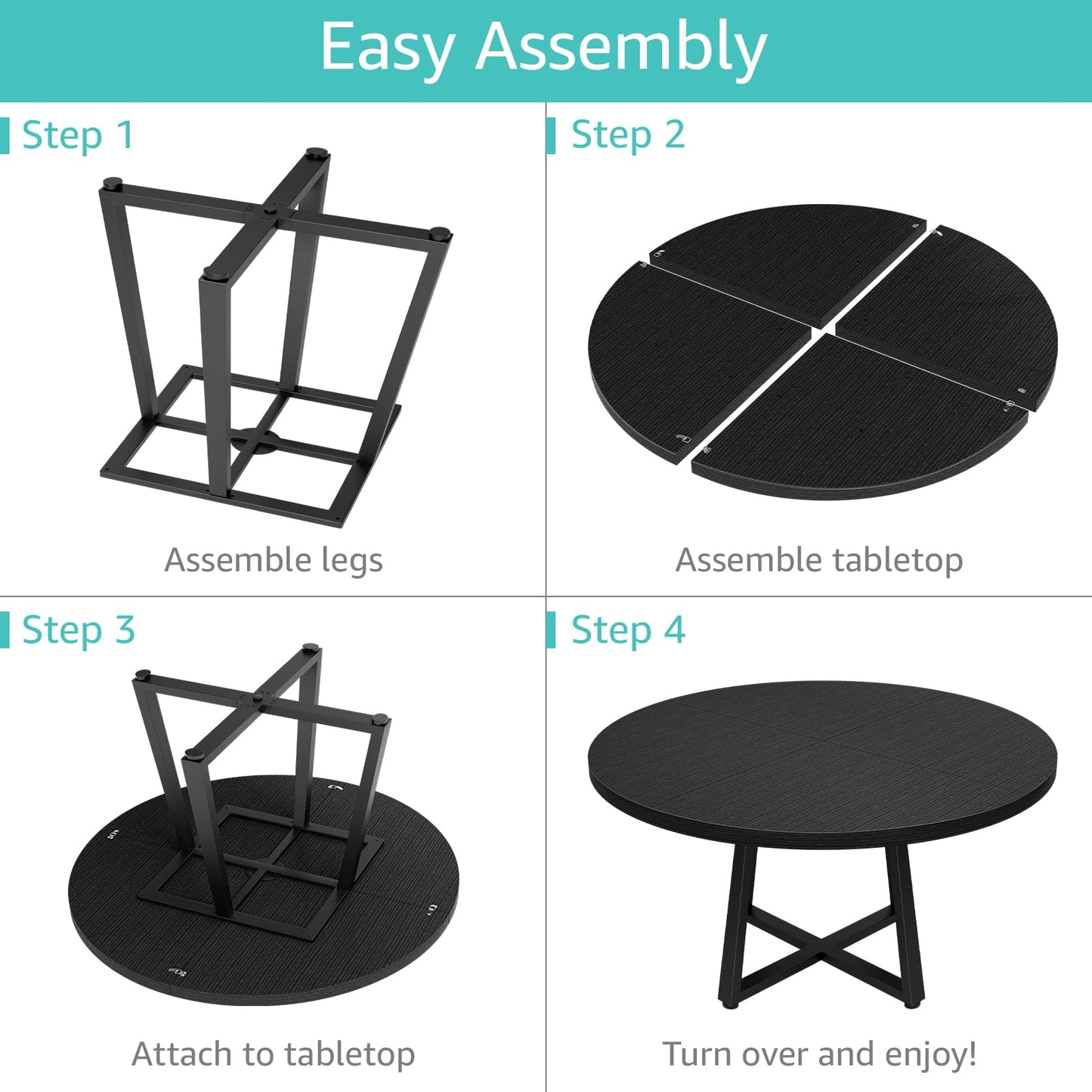 NUTIKAS 47 Inch Round Dining Table for 4, Modern Black Wood Grain Kitchen Table with Cross Metal Legs, Circular Industrial Dinner Table for Small Spaces, Breakfast Nook, Apartment, Office